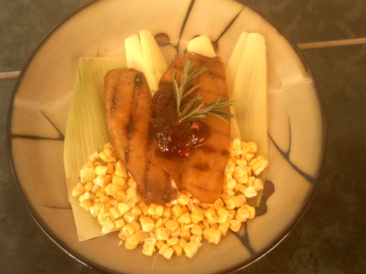 [Homemade] smoked trout with sweet corn and raspberry basil jam r/food