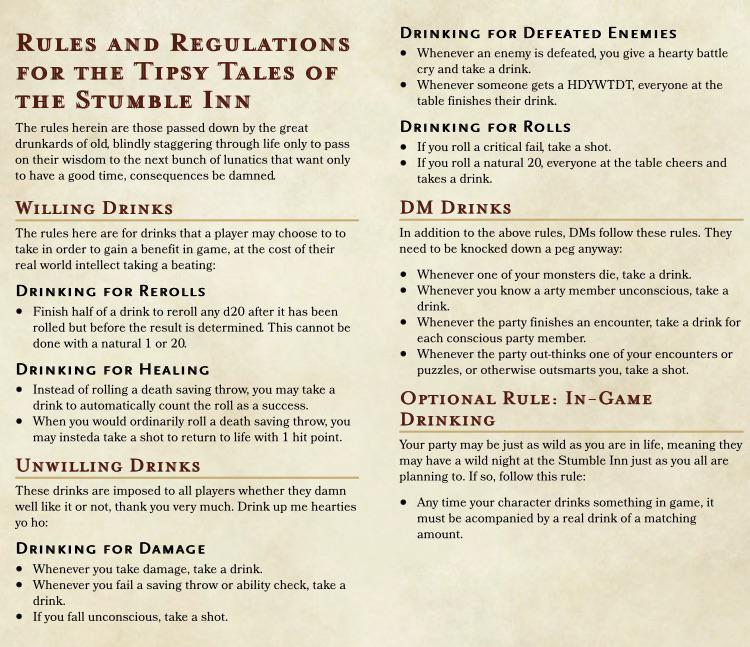 Rules and Regulations fit the Tipsy Tales of the Stumble Inn Just a