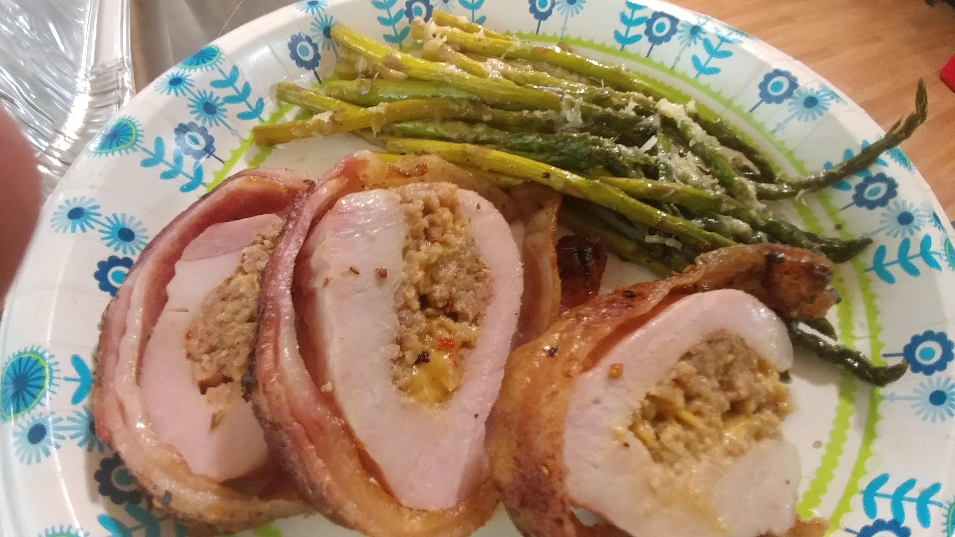 Bacon wrapped jalapeno sausage stuffed pork chop served on my finest