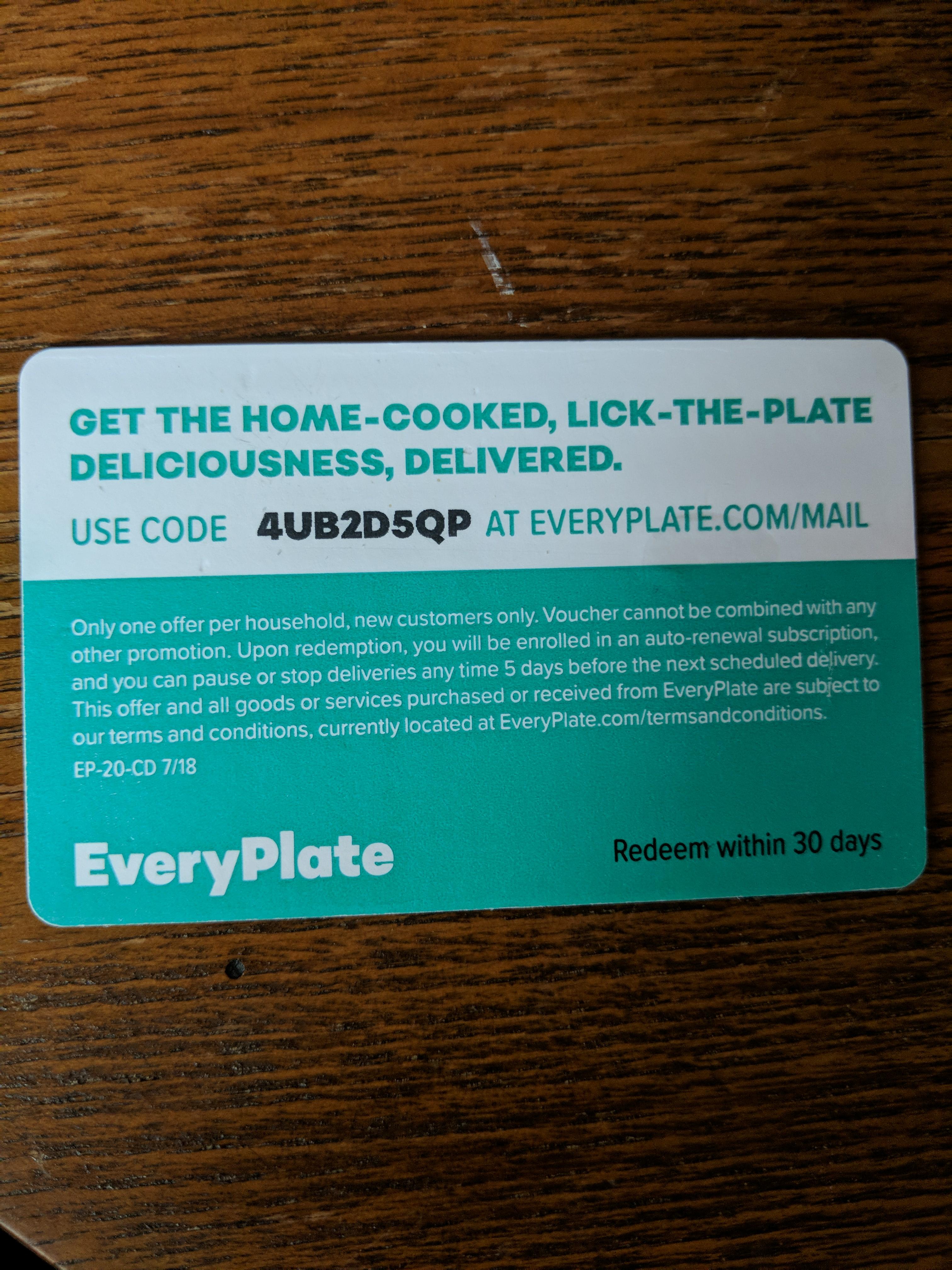 "20 gift card" to EveryPlate meal subscription service r/SingleUseCodes