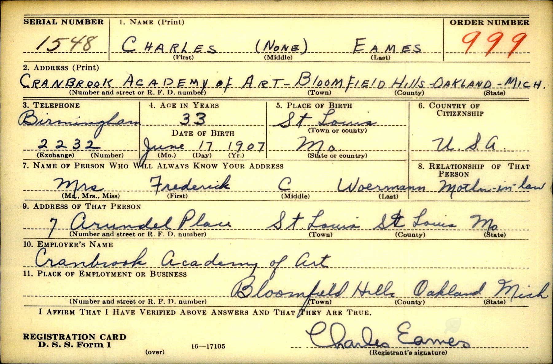 WWII draft card submitted by Charles Eames while at Cranbrook Academy