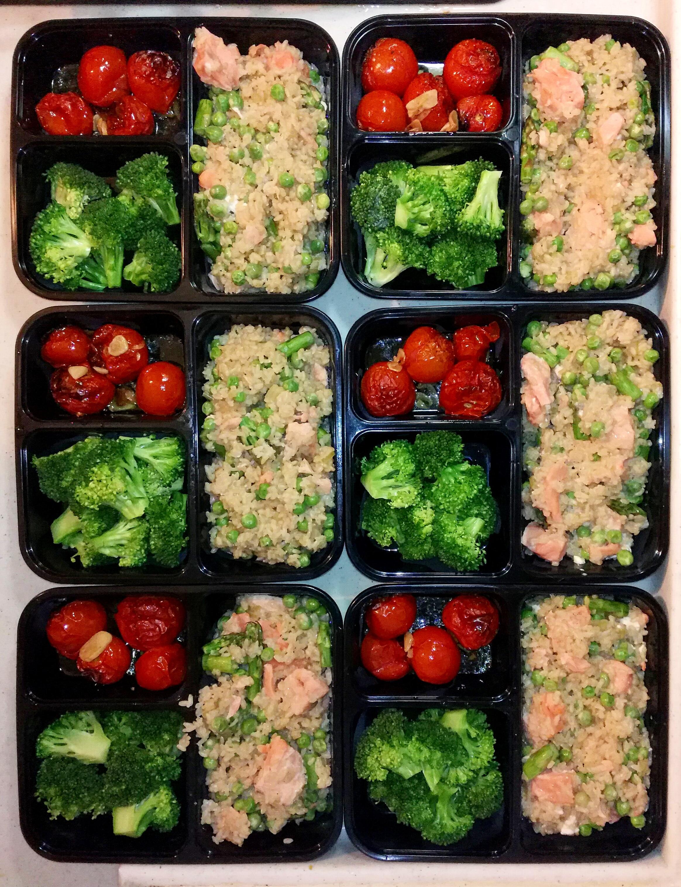 Salmon, feta and pea brown rice pilaf with oven roasted tomatoes, and