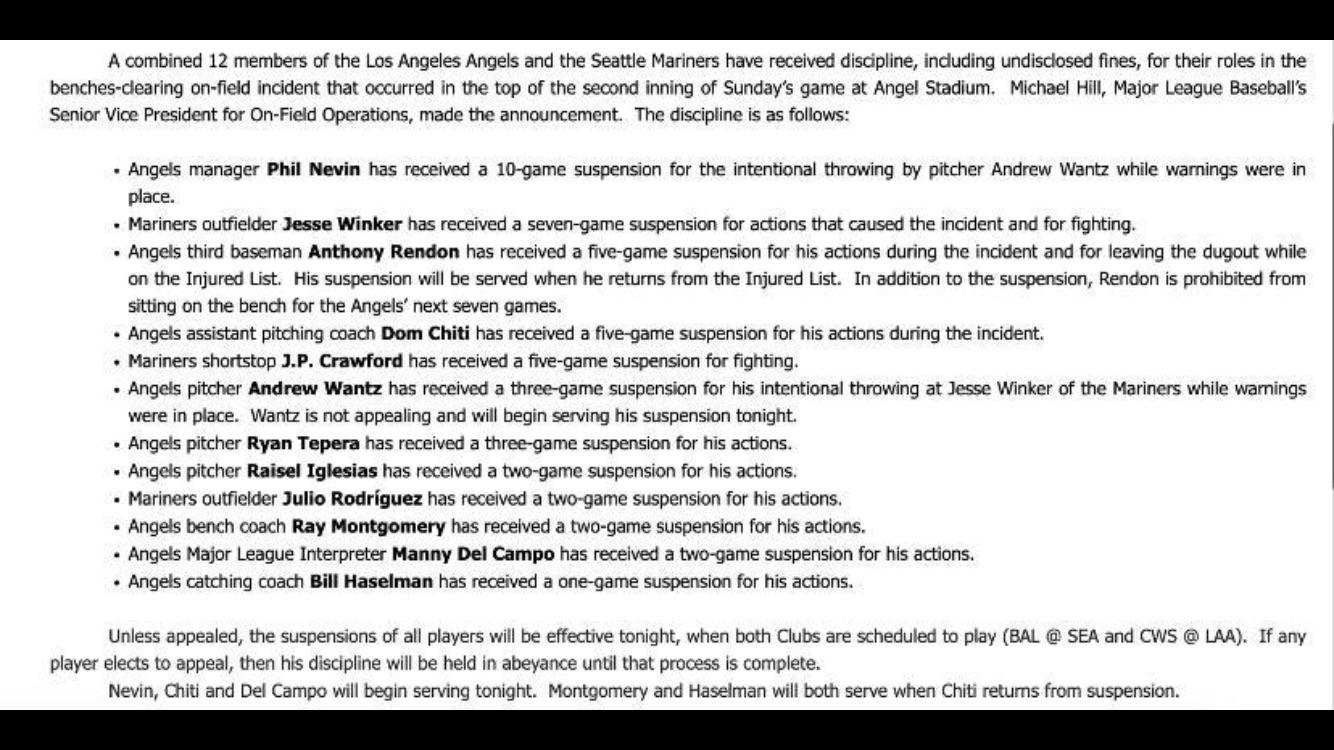 Suspensions from the brawl yesterday during the mariners angels game