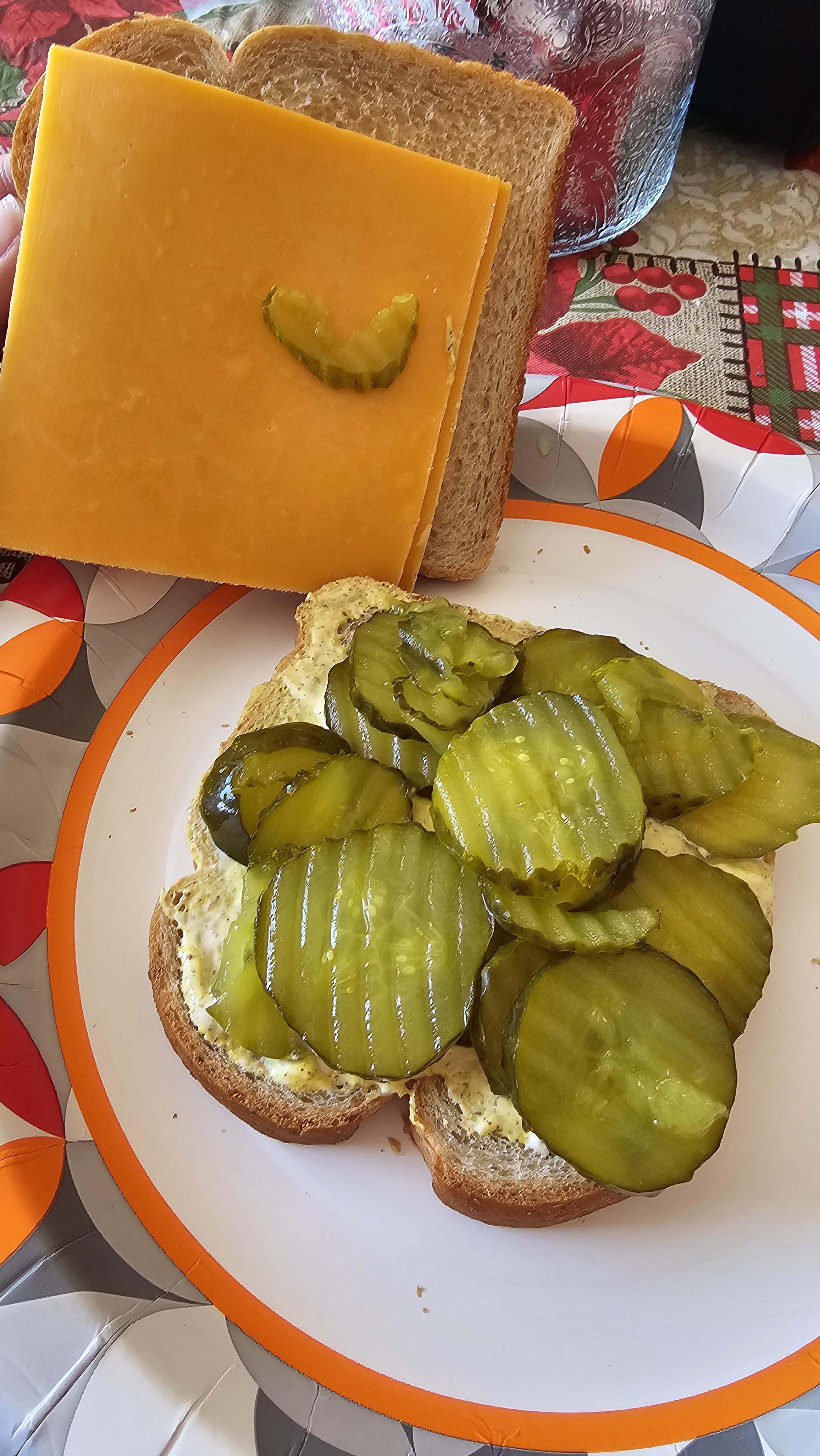 Pickle and cheese sandwich with mayo and spicy mustard. r/shittyfoodporn