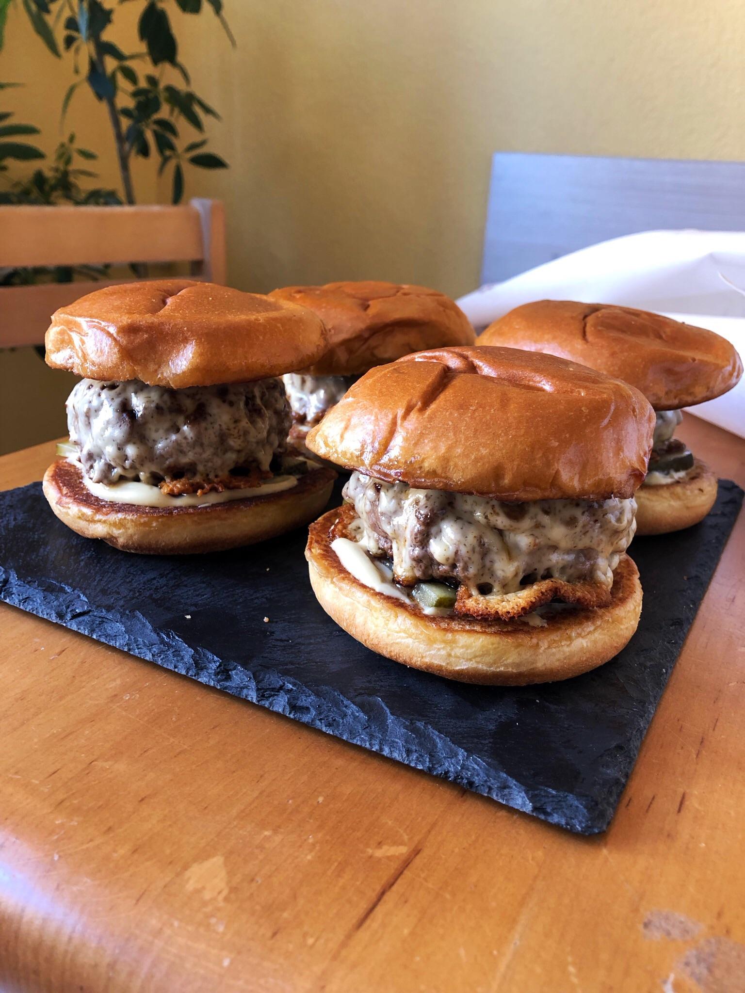 First attempt in making burgers with brioche buns, mustardmayo sauce