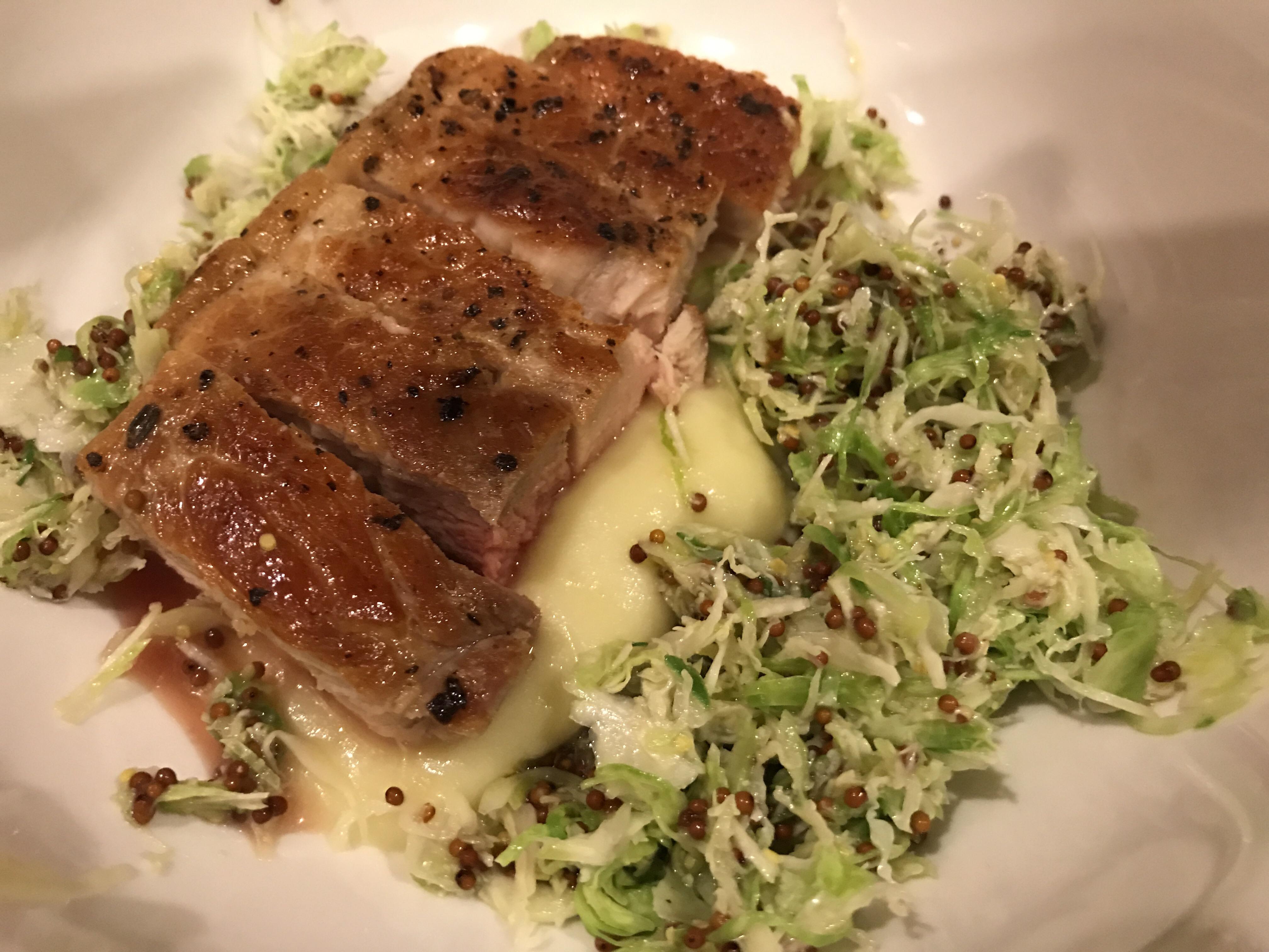 [Homemade] Pork Chop (Medium rare) with an Apple Puree and Brussel