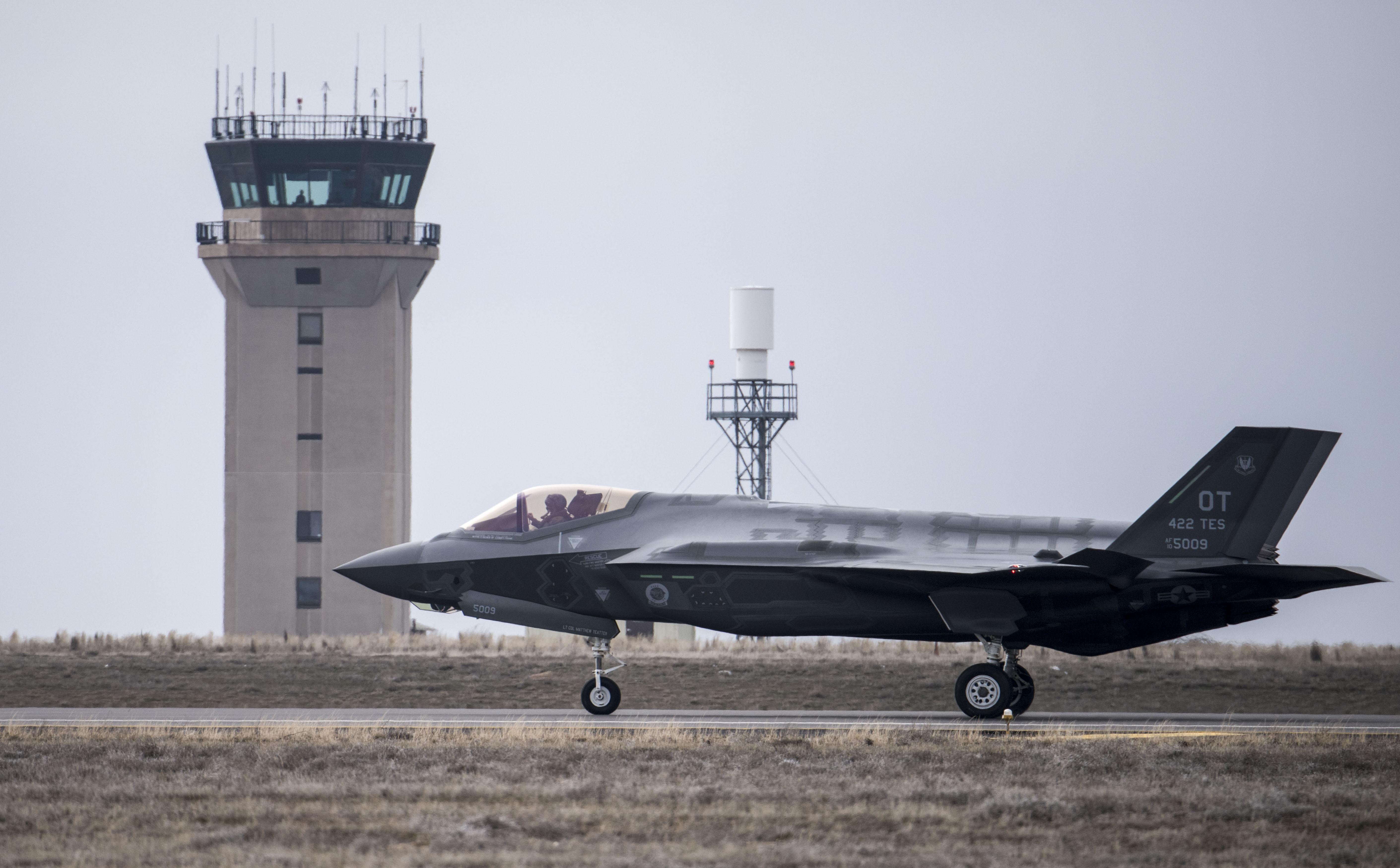 A U.S. Air Force F35A Lightning II, taxis after landing at Mountain
