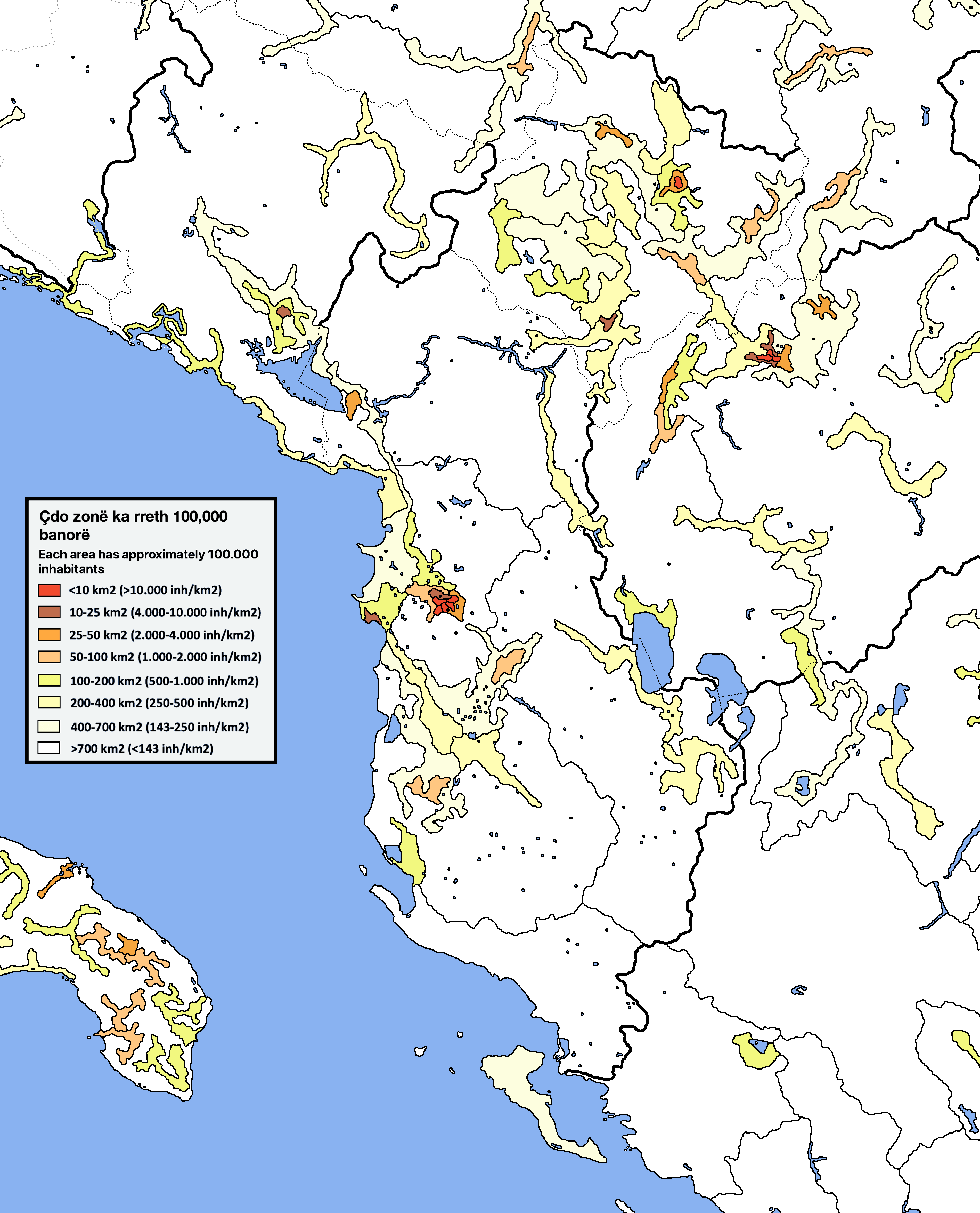 Self made population density map of Albania, absolute amount of 100.000