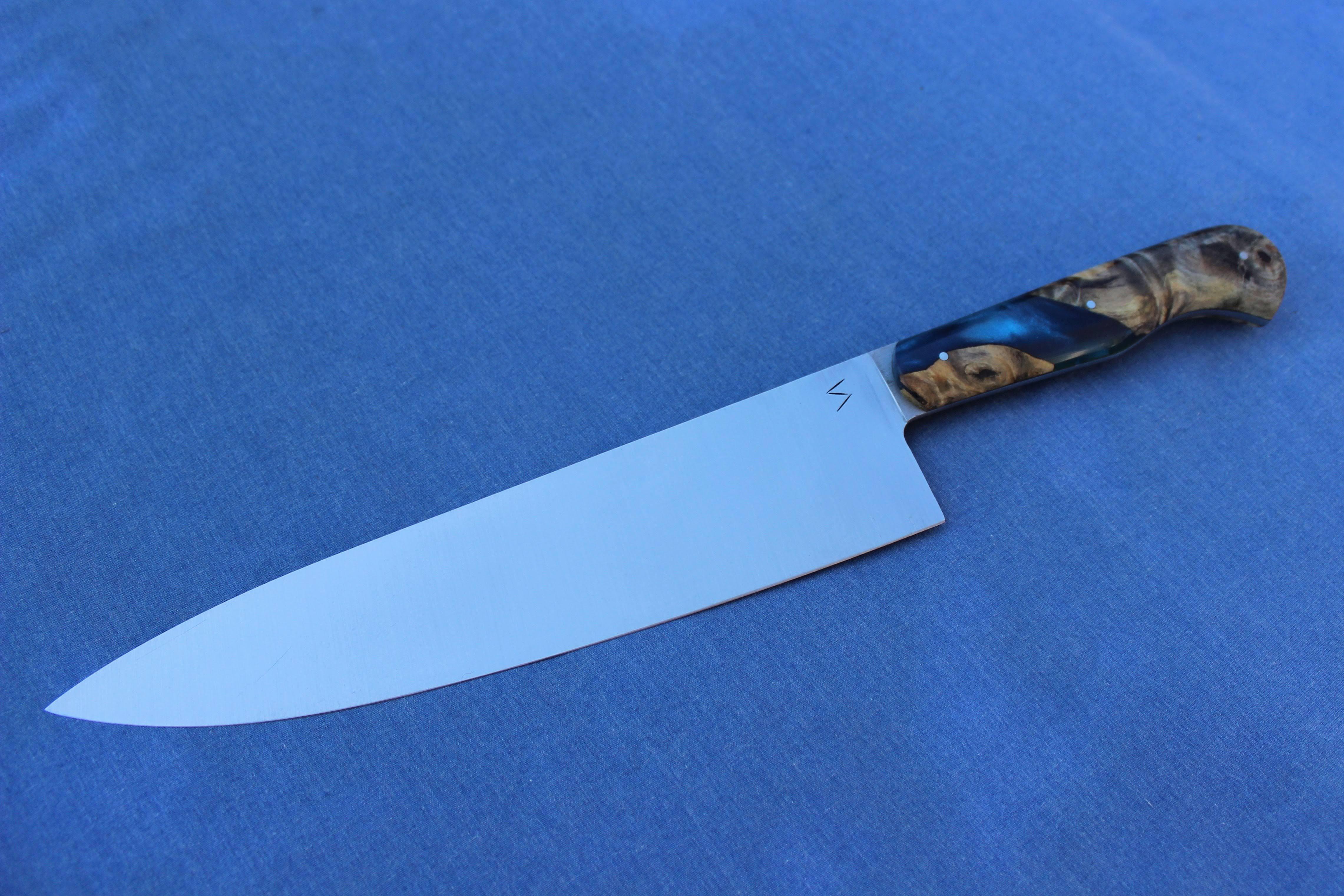 German style chef's knife. 2 of 4 80crv2 blade, with a blue resin