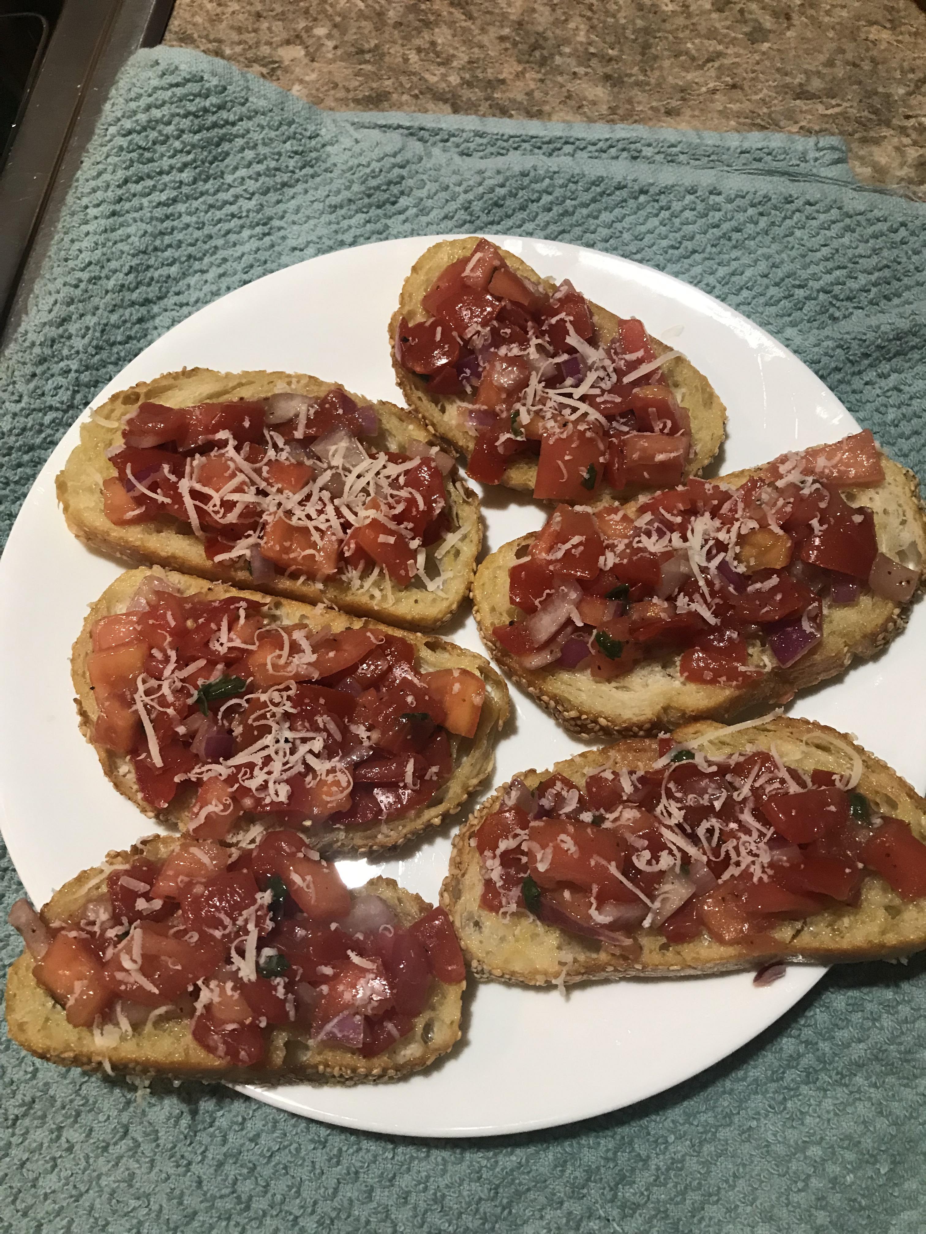 [Homemade] Bruschetta on garlic olive oil toast! r/food