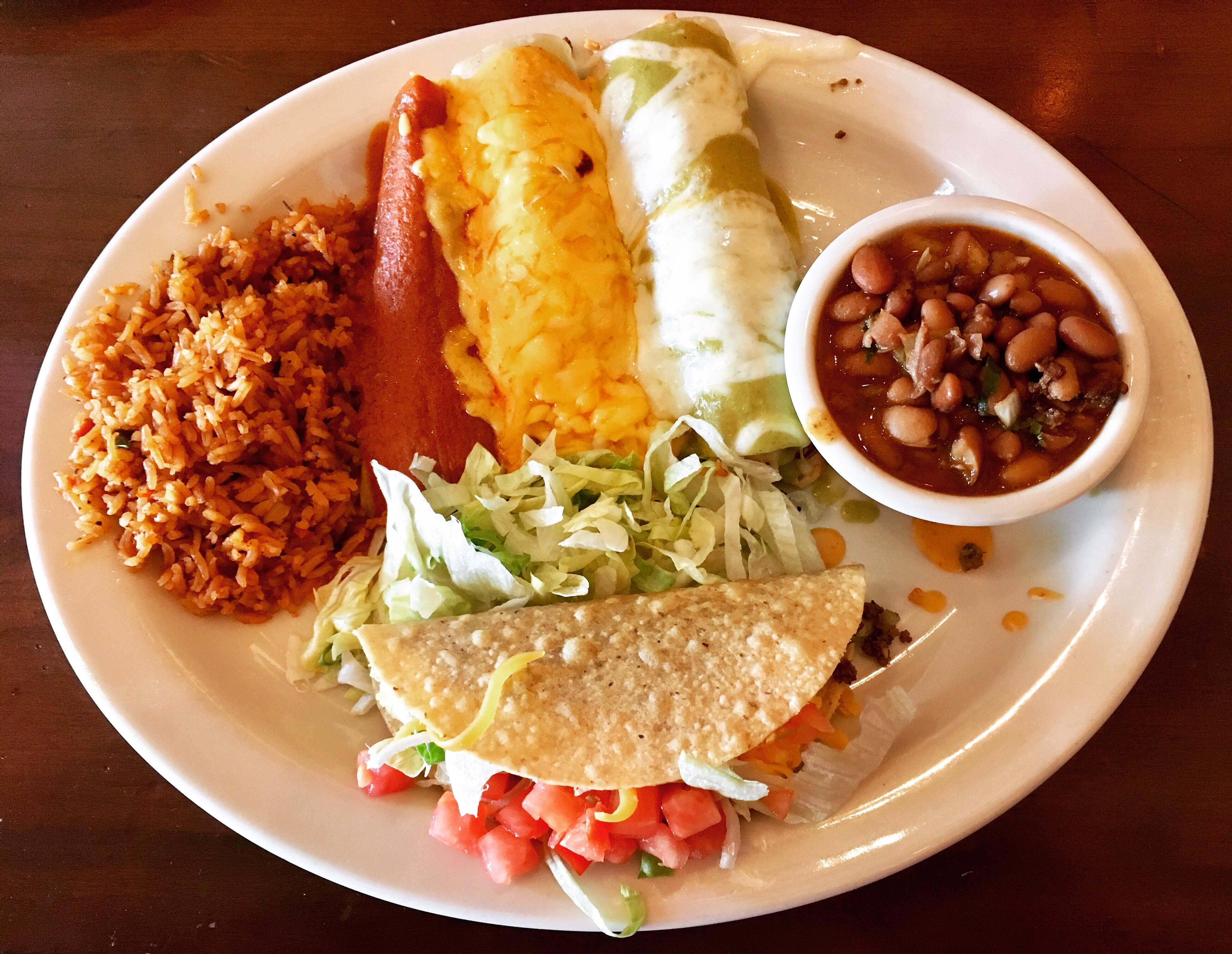 Ground Beef Enchilada with Agave Queso Sauce, Pulled Chicken Enchilada