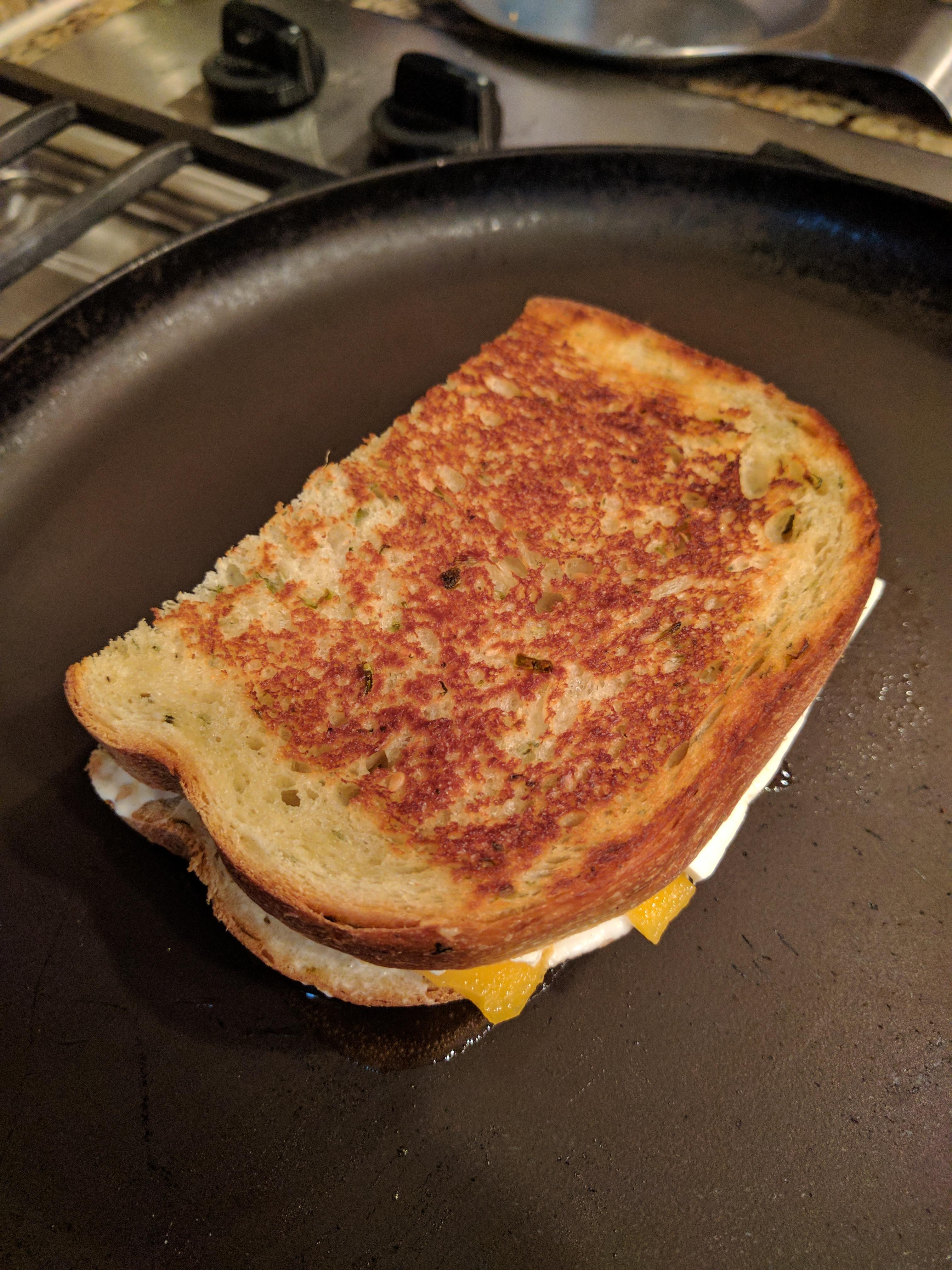 Cheddar, cream cheese, paneer, on homemade jalapeno bread r/grilledcheese