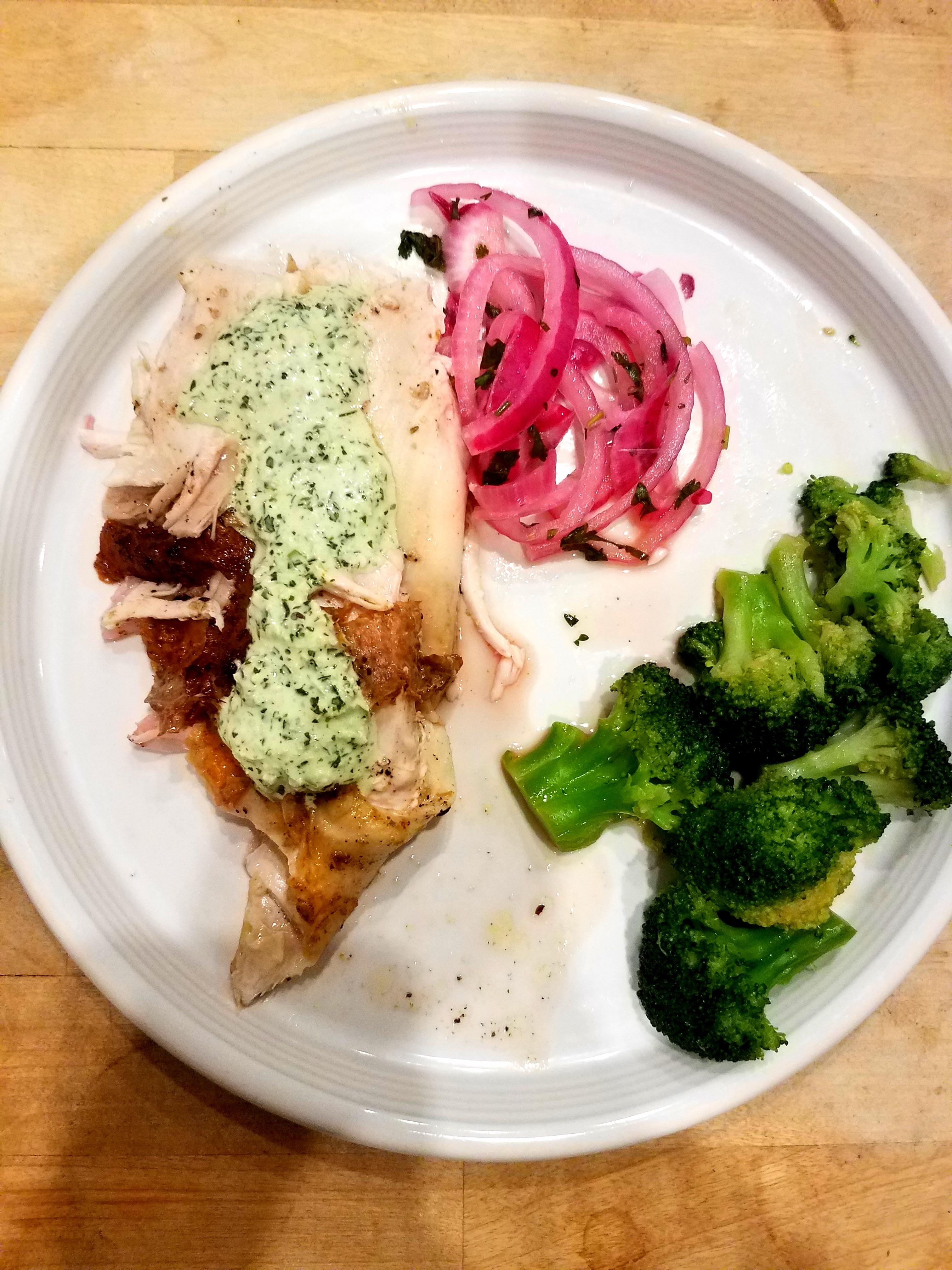 Sunday roast chicken, with pickled onions, green sauce, and broccoli