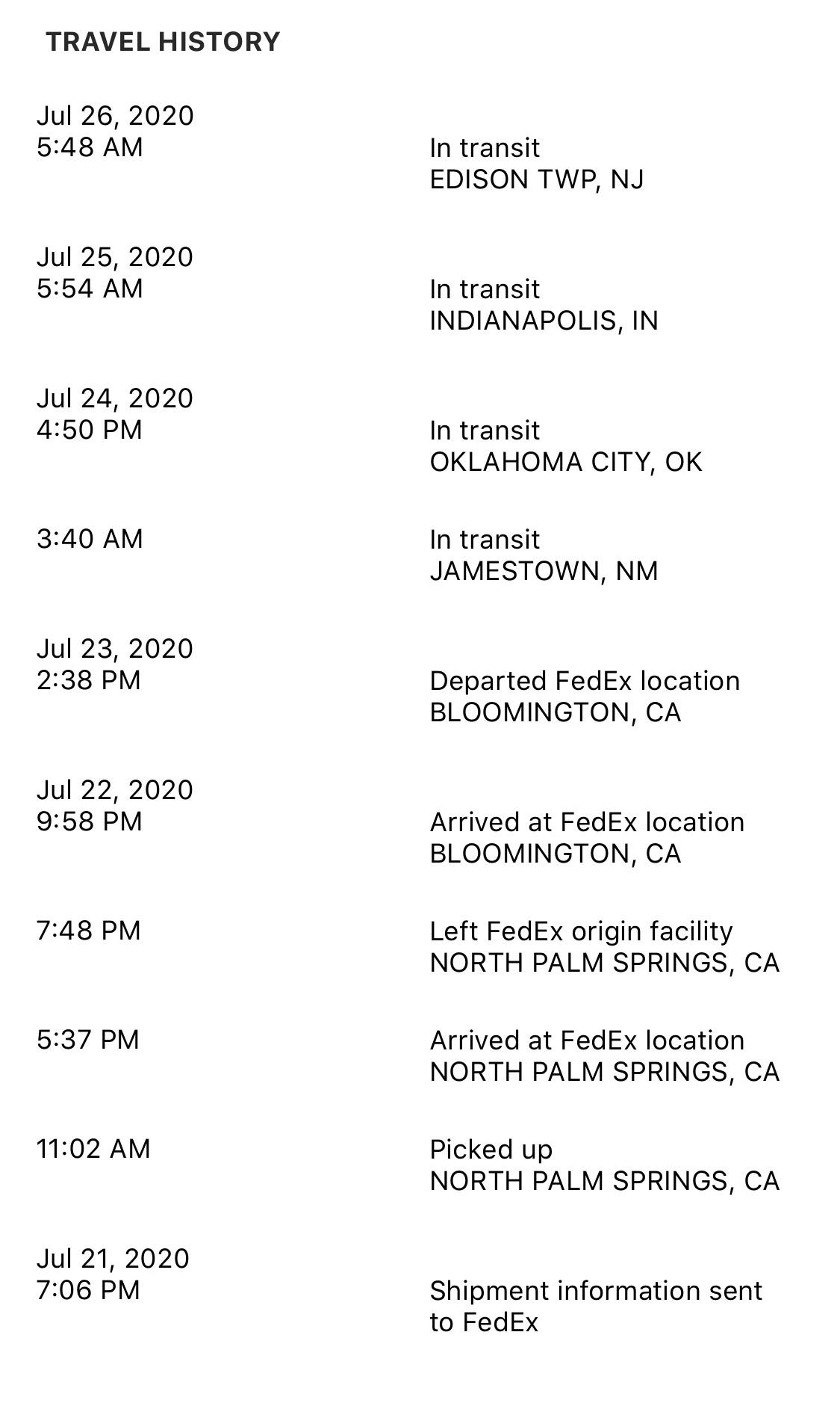 Package coming from southern california and going to northern california now in new jersey