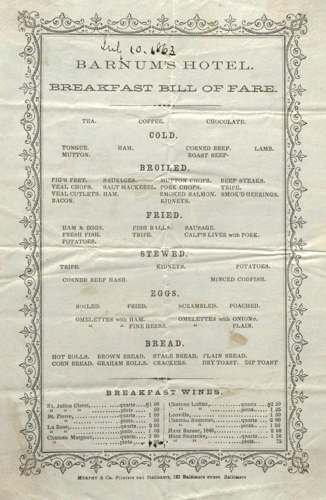 Barnum’s Hotel Breakfast Menu, Baltimore, MD (1863) r/VintageMenus