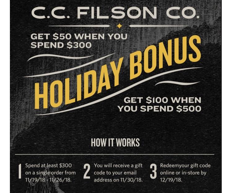 Filson get 100 gift code when you spend 500 / 50 gift code when