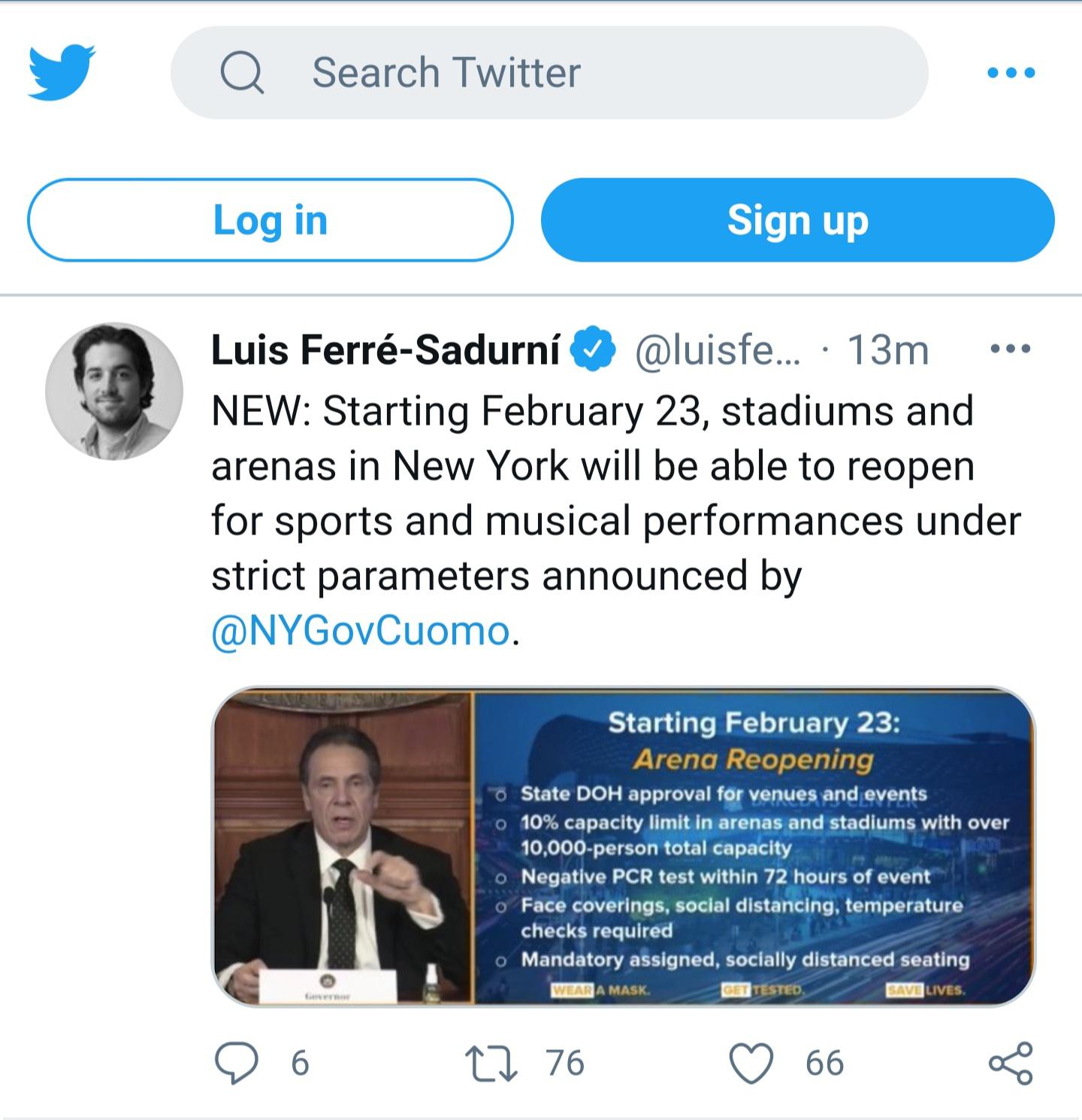 NYS to allow up to 10,000 fans at sporting events starting February 22