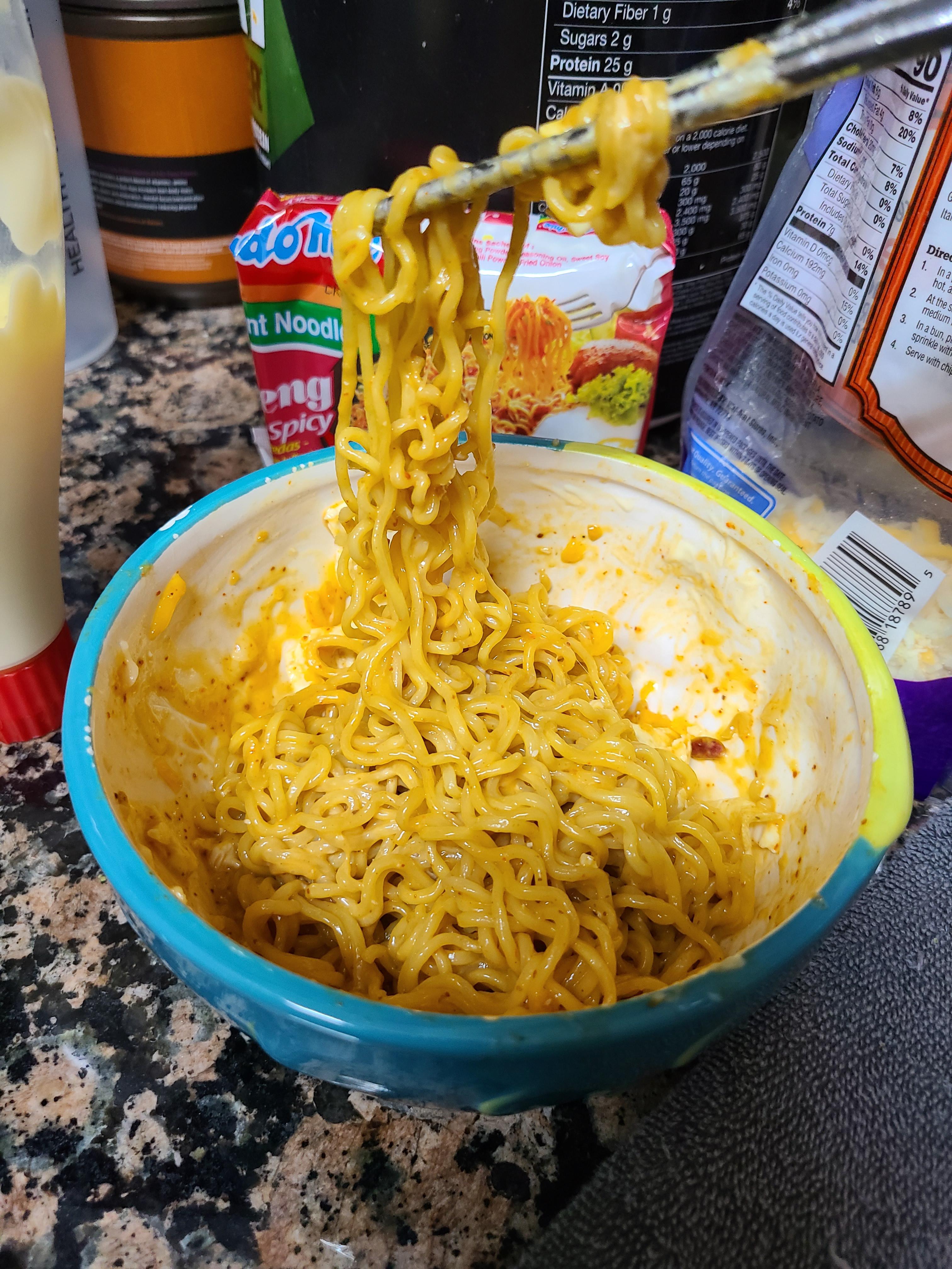 My goto meal. It's indomie instant noodles with some shredded cheese