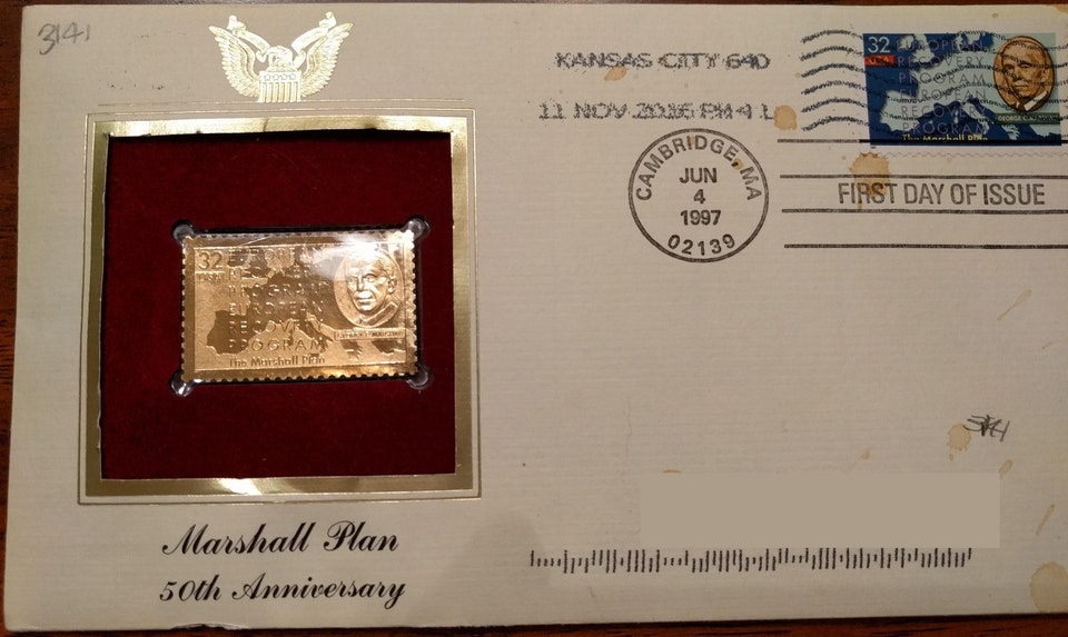 C. Marshall gold replica stamp in first day cover envelope. The