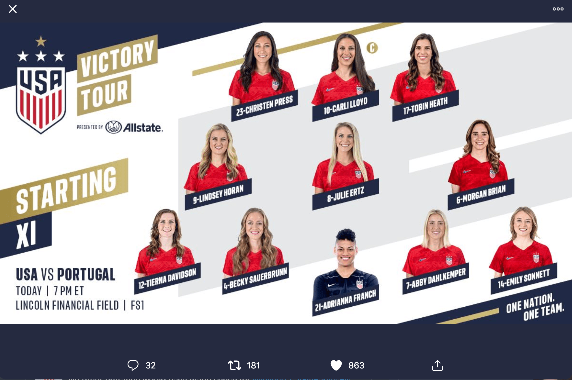 STARTING LINEUP USA vs PORTUGAL NWSL