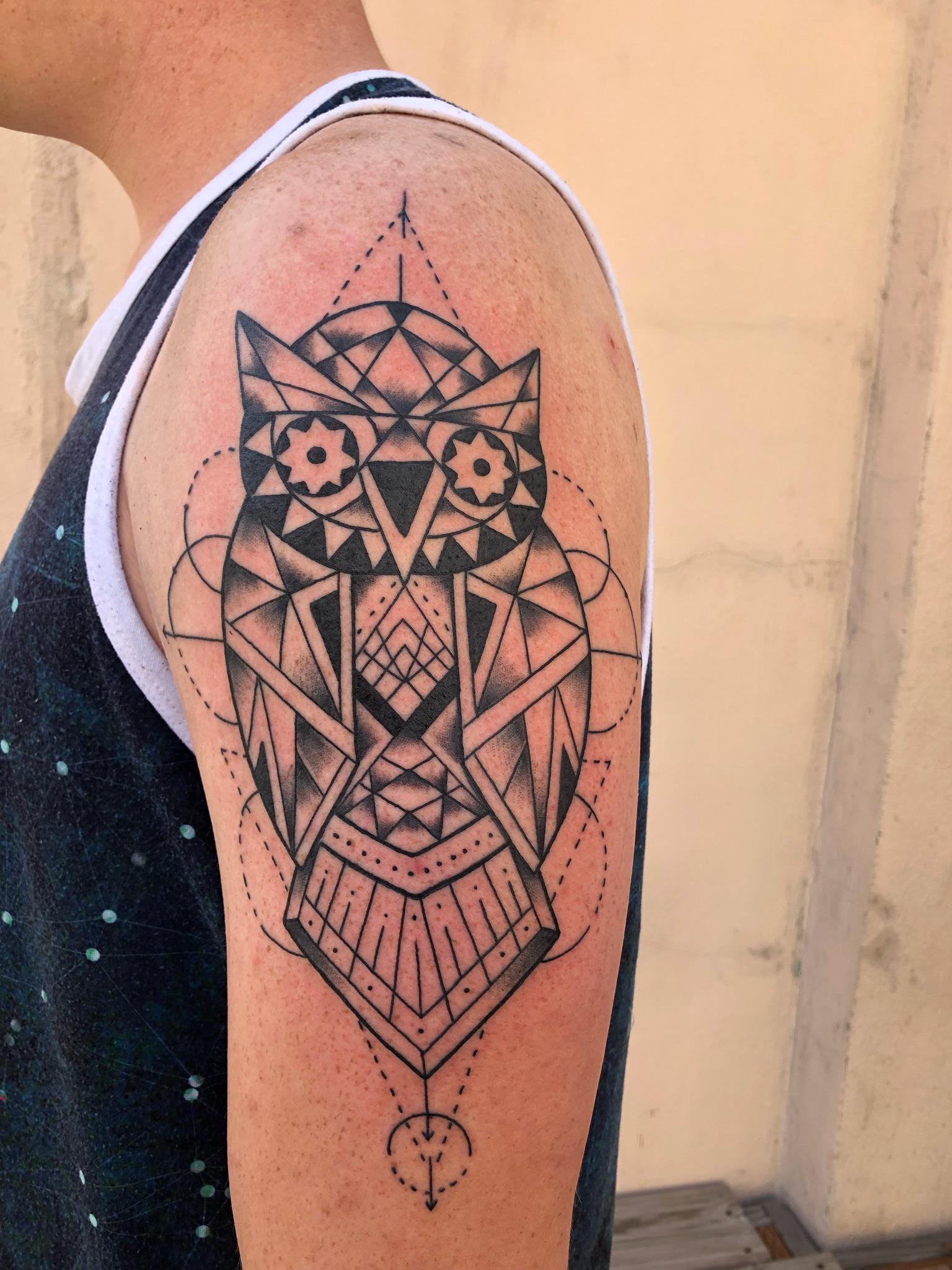 Sacred geo owl, by Ben Krist of Rick's Tattoo, Arlington, VA r/tattoos