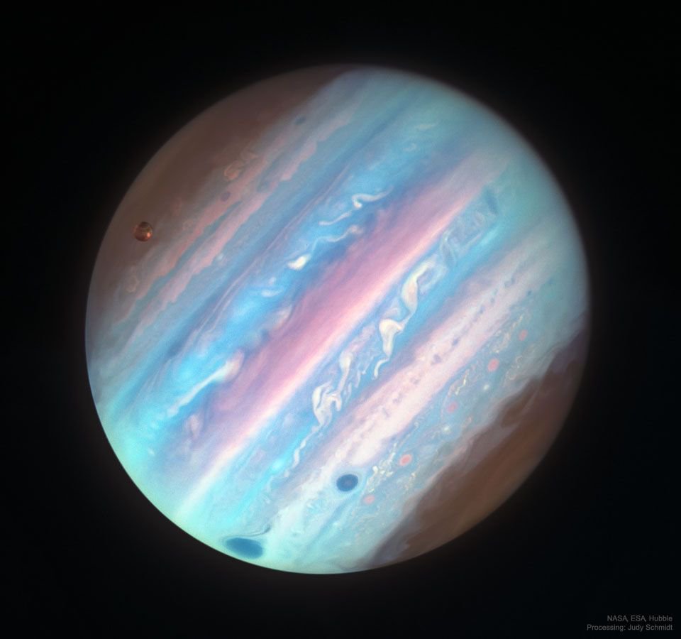 Jupiter appears different in near ultraviolet light, partly because the