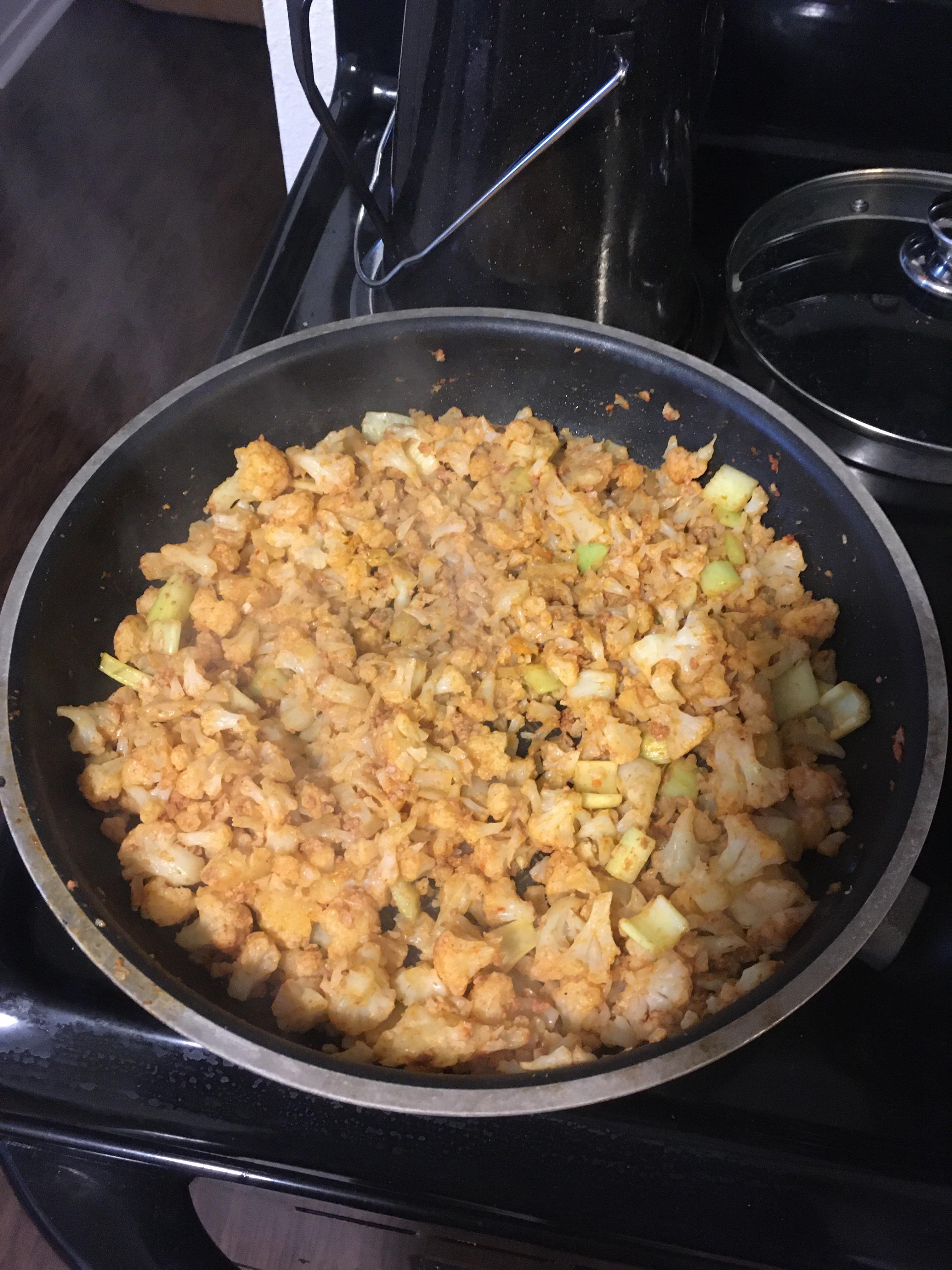 Boiled a head of cauli then fried it with chorizo and a few celery