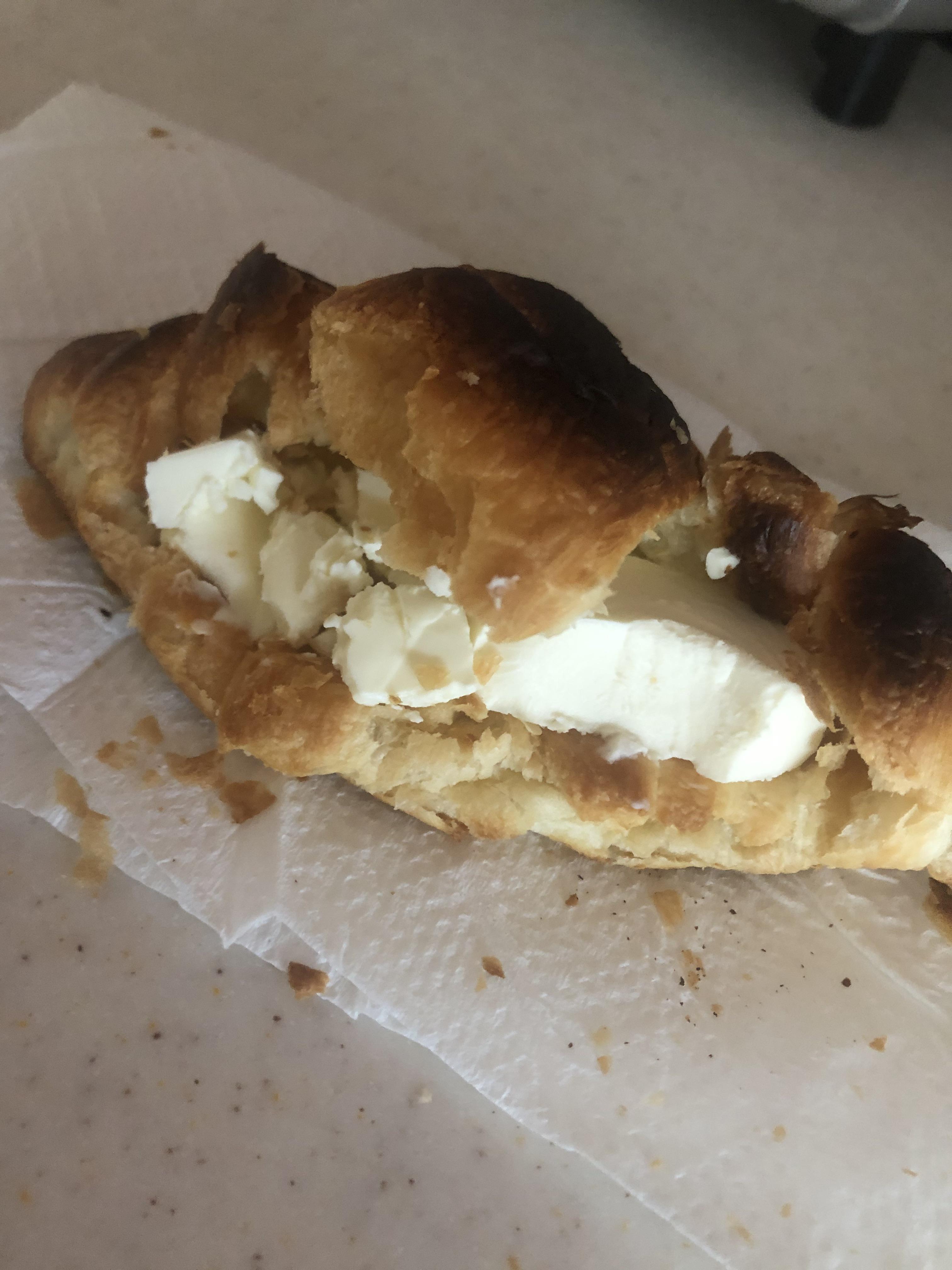 My breakfast, cream cheese in a croissant. Very very good! r