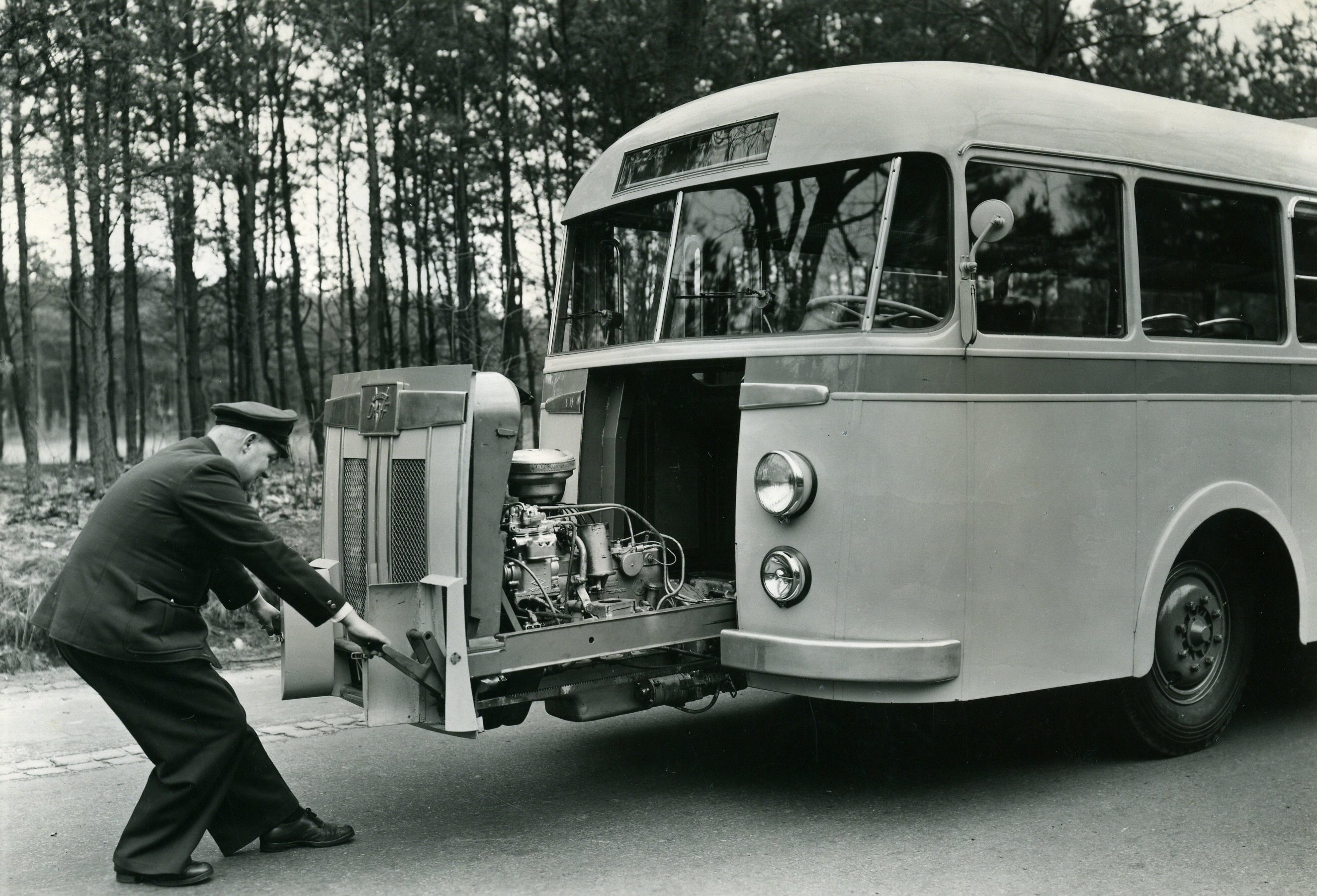 Bus with a slide out engine for easy maintenance. Netherlands, 1949