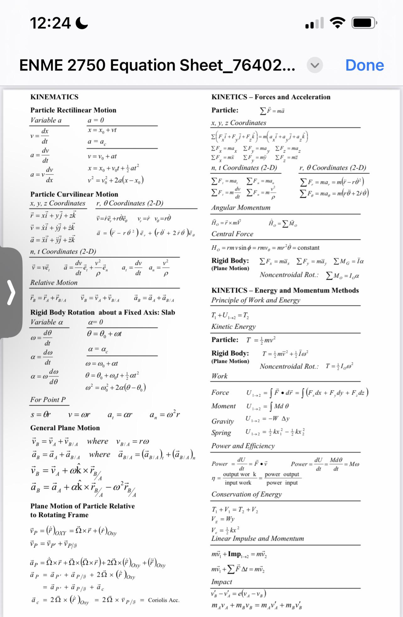 Am I at an advantage with this equation sheet for the final (dynamics