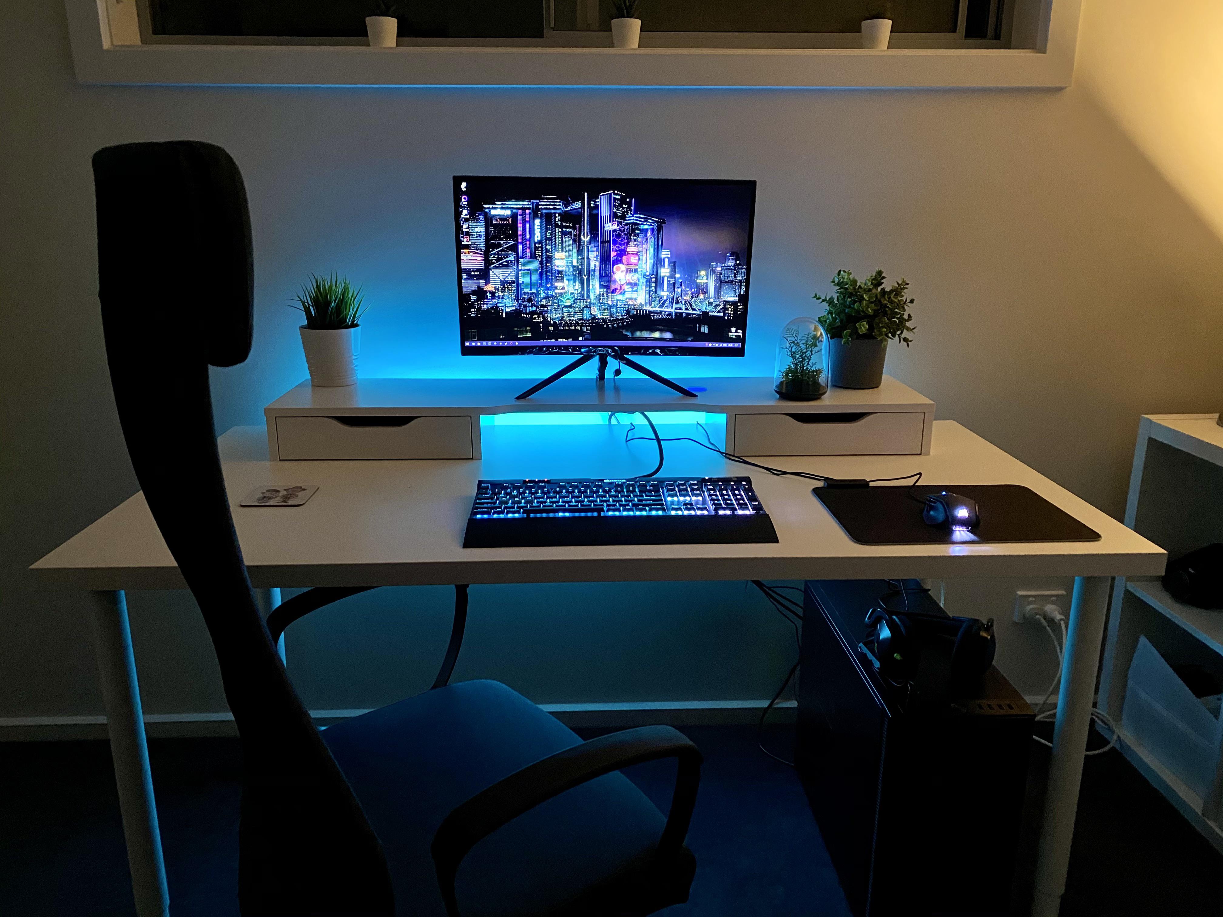 Upgraded my setup. New desk, monitor stand, plants, LED strip & chair