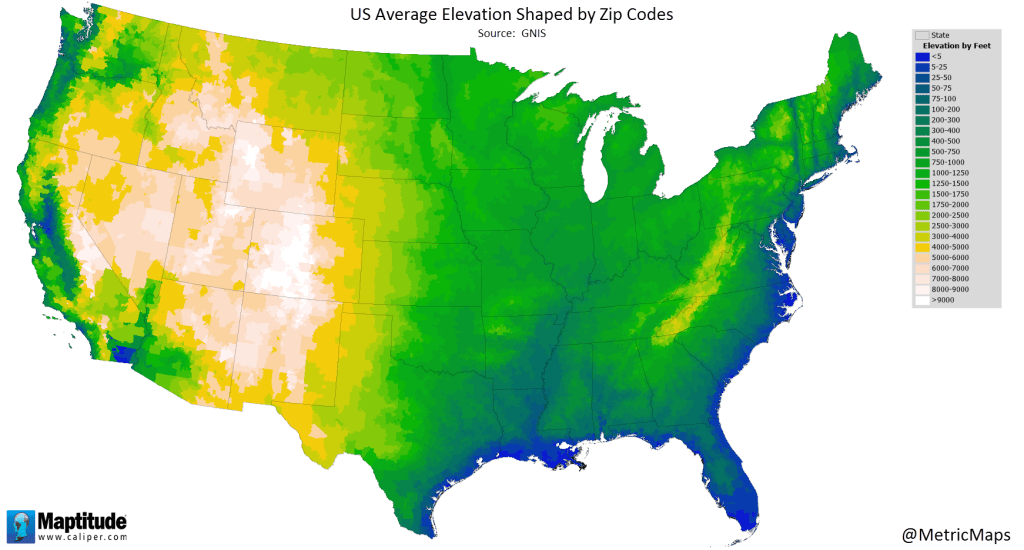 Elevation Map By Zip Code Average Elevation of U.S. Zip Codes MapPorn