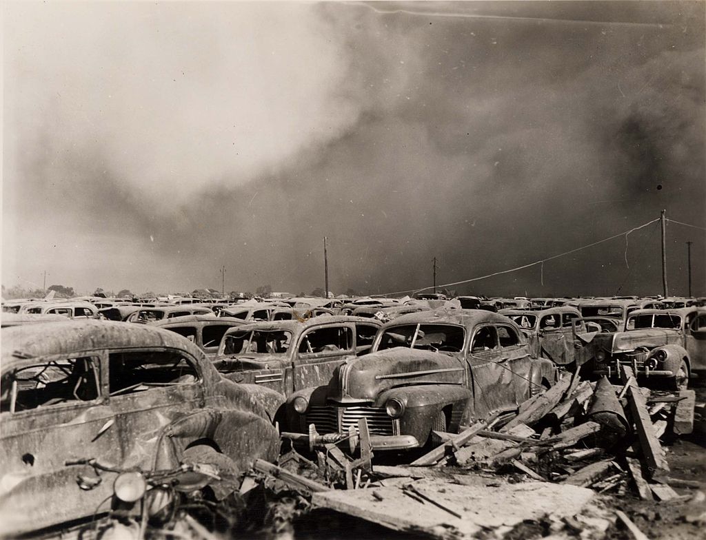 The aftermath of the 1947 Texas City disaster. This parking lot was a