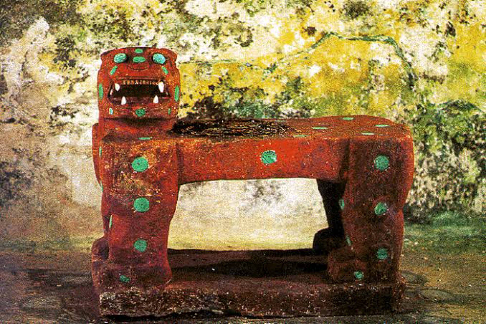 The Red Jaguar statue with inlaid jadeite eyes and spots, found in what
