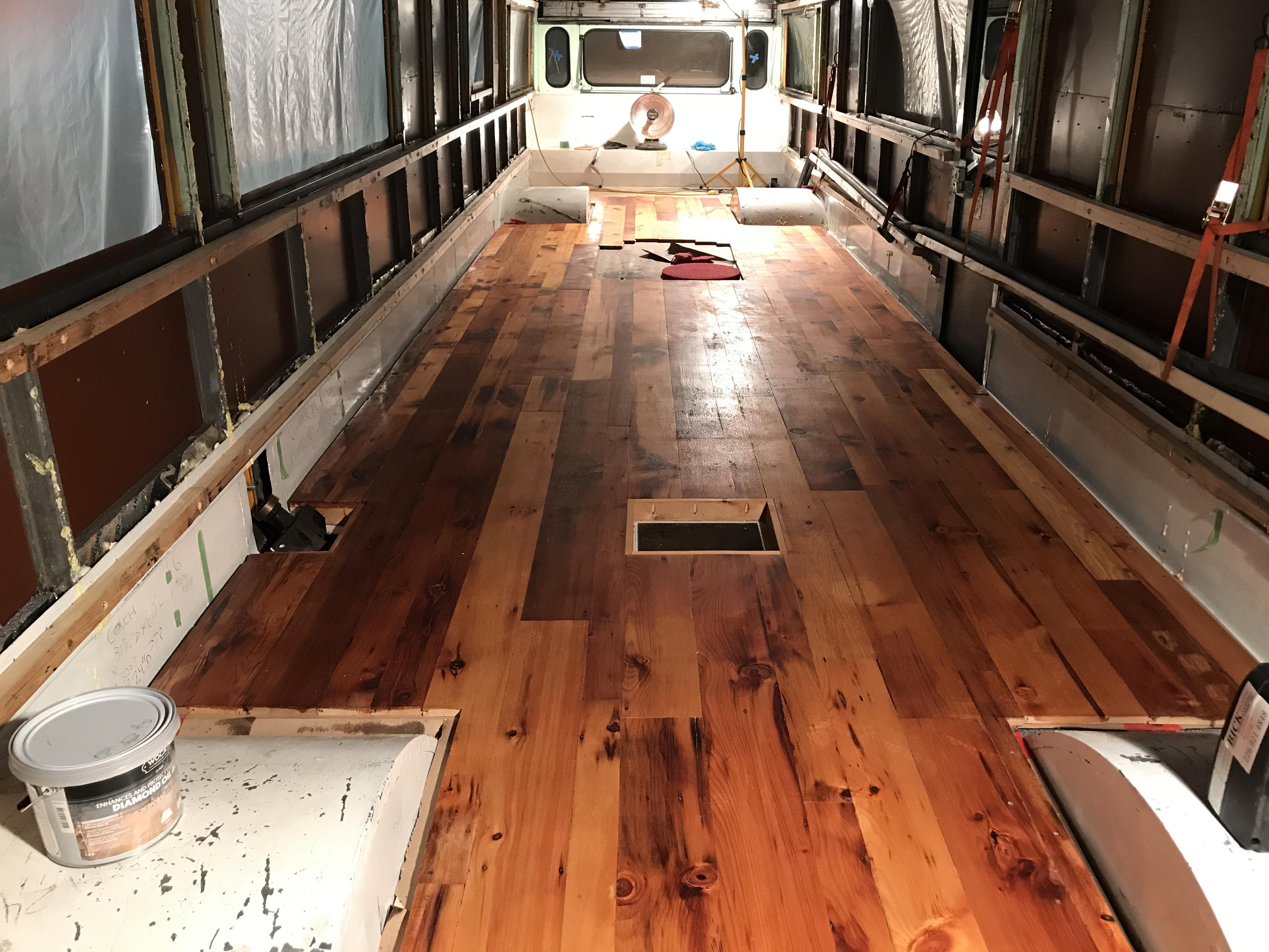 SNEAK PEEK! Reclaimed barn wood turned into amazing Skoolie floor (3rd