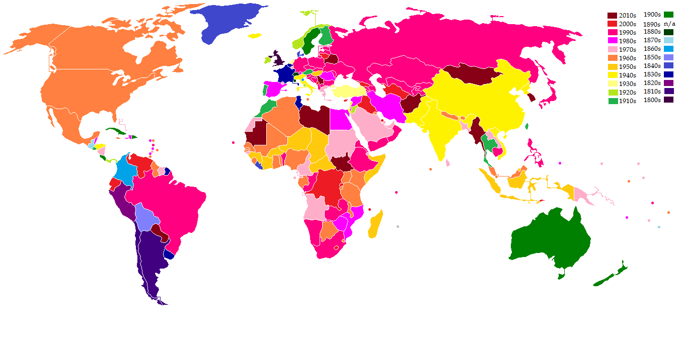 Decade of Most Recent Change to National Flag (1357 x 677) r/MapPorn