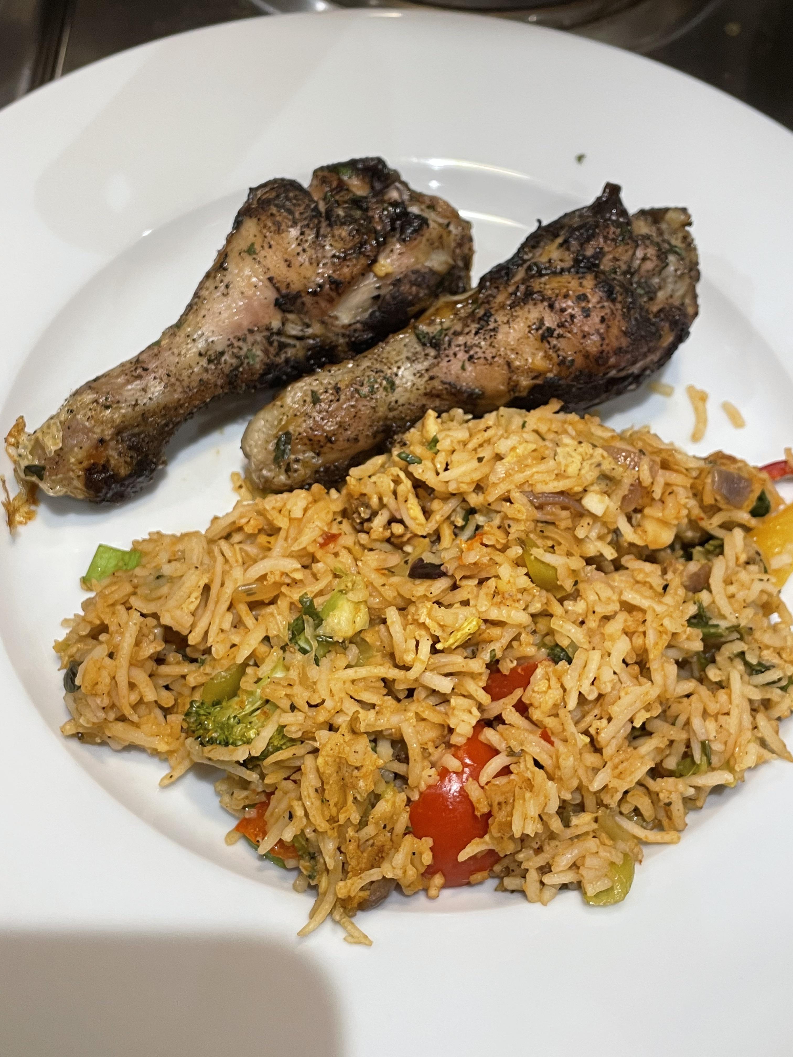 Quick fried rice and chicken drumsticks. r/homecooking