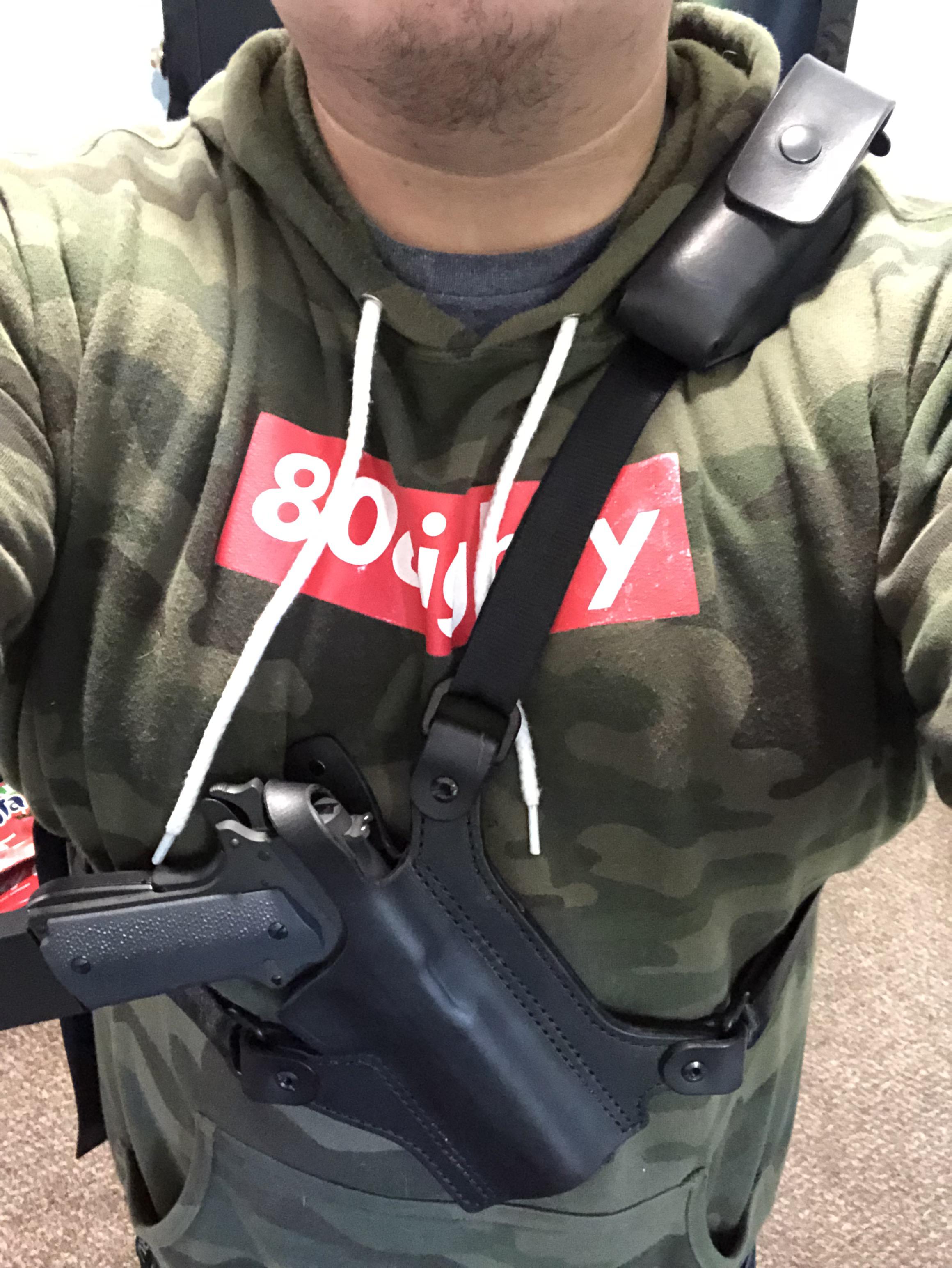 My leather chest holster and mag carrier from Paradise Valley Leather