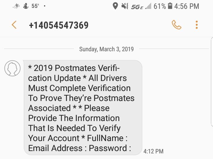 Postmates verification scam?? r/postmates