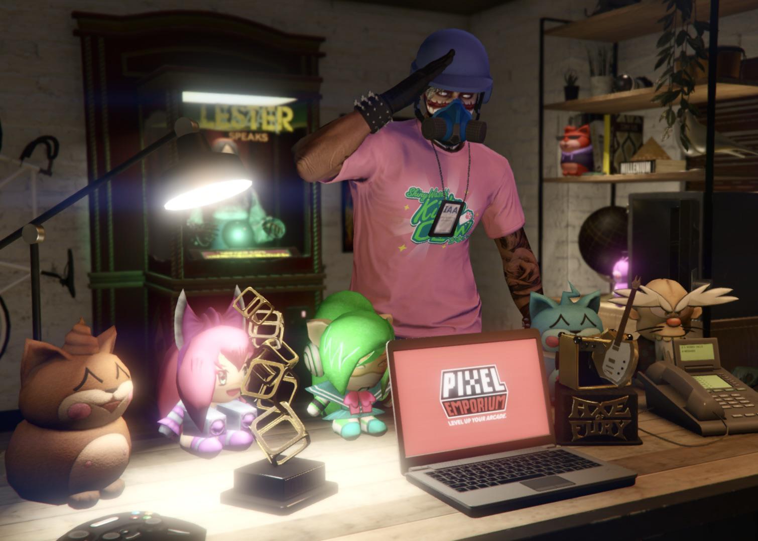 My entire army of kitty claw plushies in arcade office 🥳