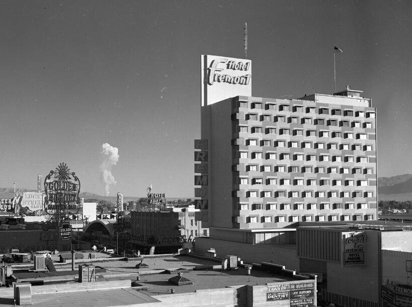 The Fremont Hotel in downtown Las Vegas, Nevada with a nuclear test
