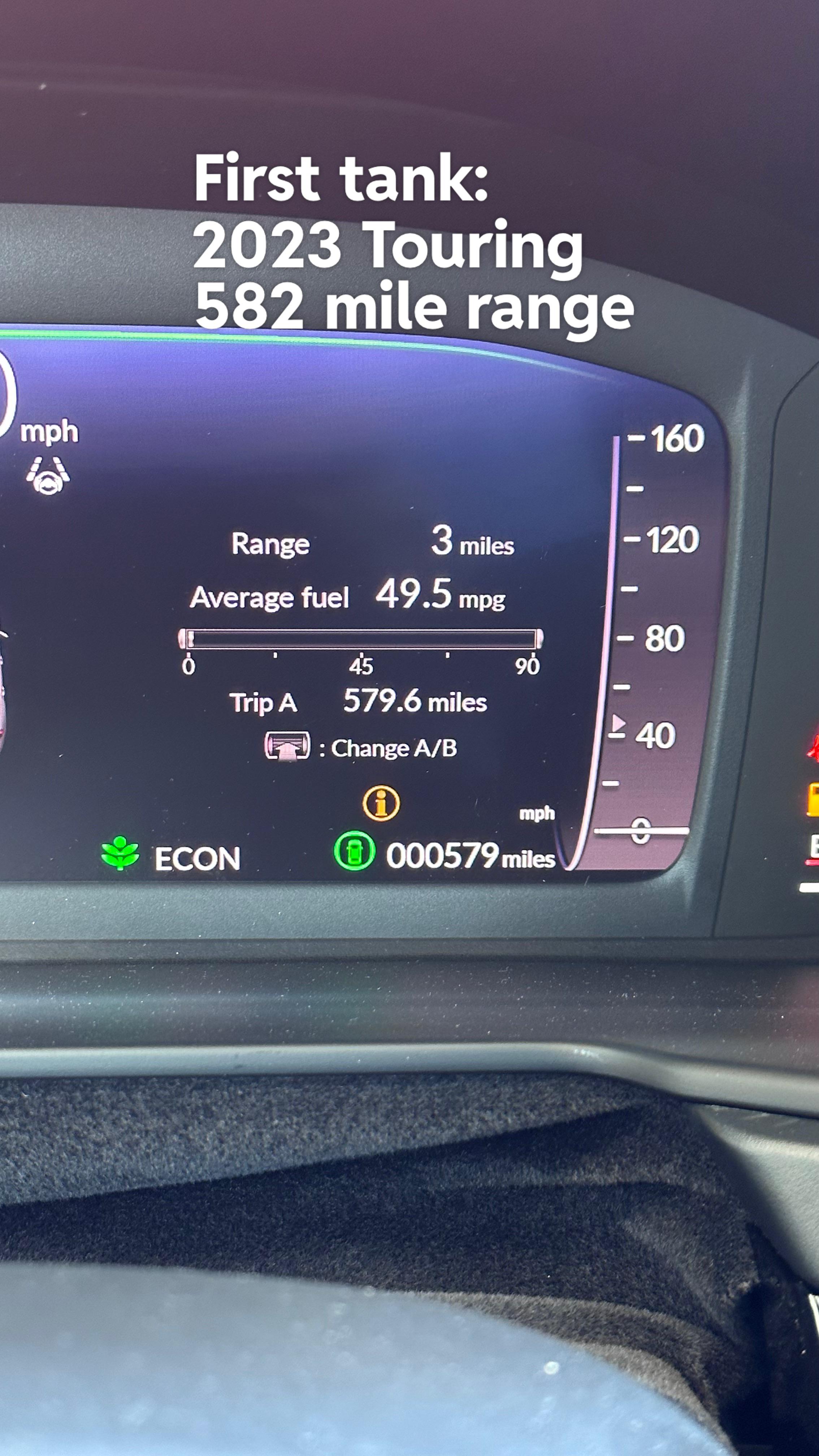Almost 50 MPG and 600 mile range with first tank driving in NC on my