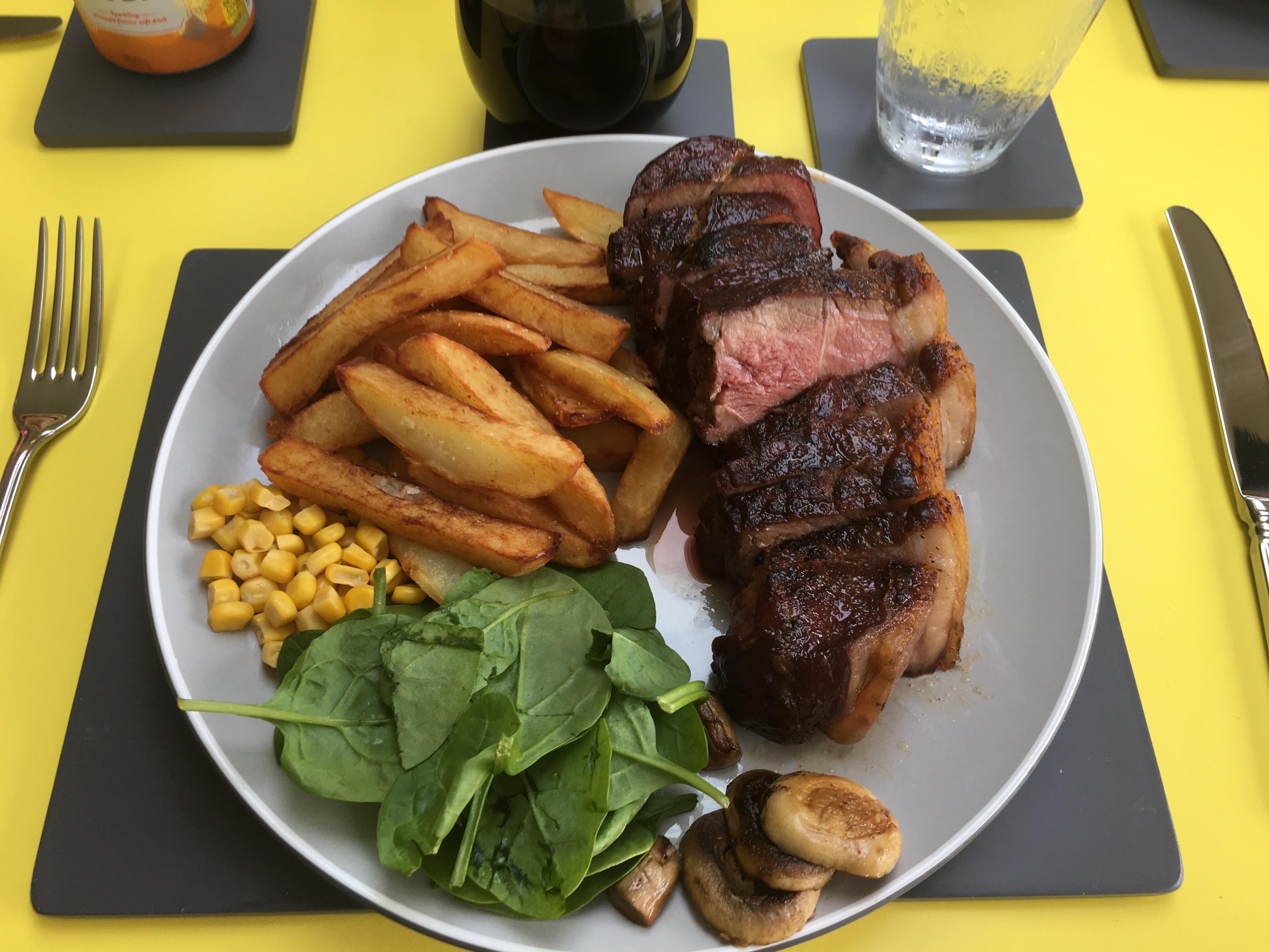 Sirloin (NY strip) with chips and stuff [homemade] r/steak