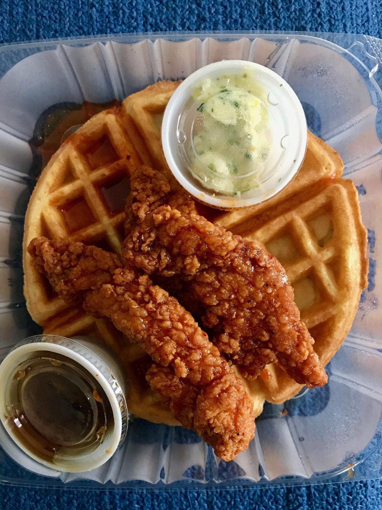 [I ate] spicy chicken and waffles w/ citrus herb butter and maple syrup r/food