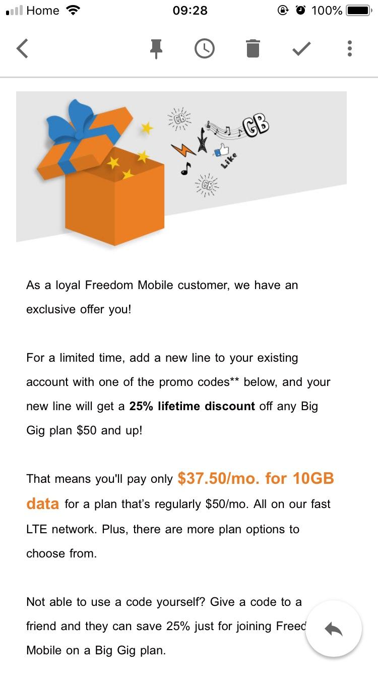 New promo from freedom. 25 off for life for new lines on your account