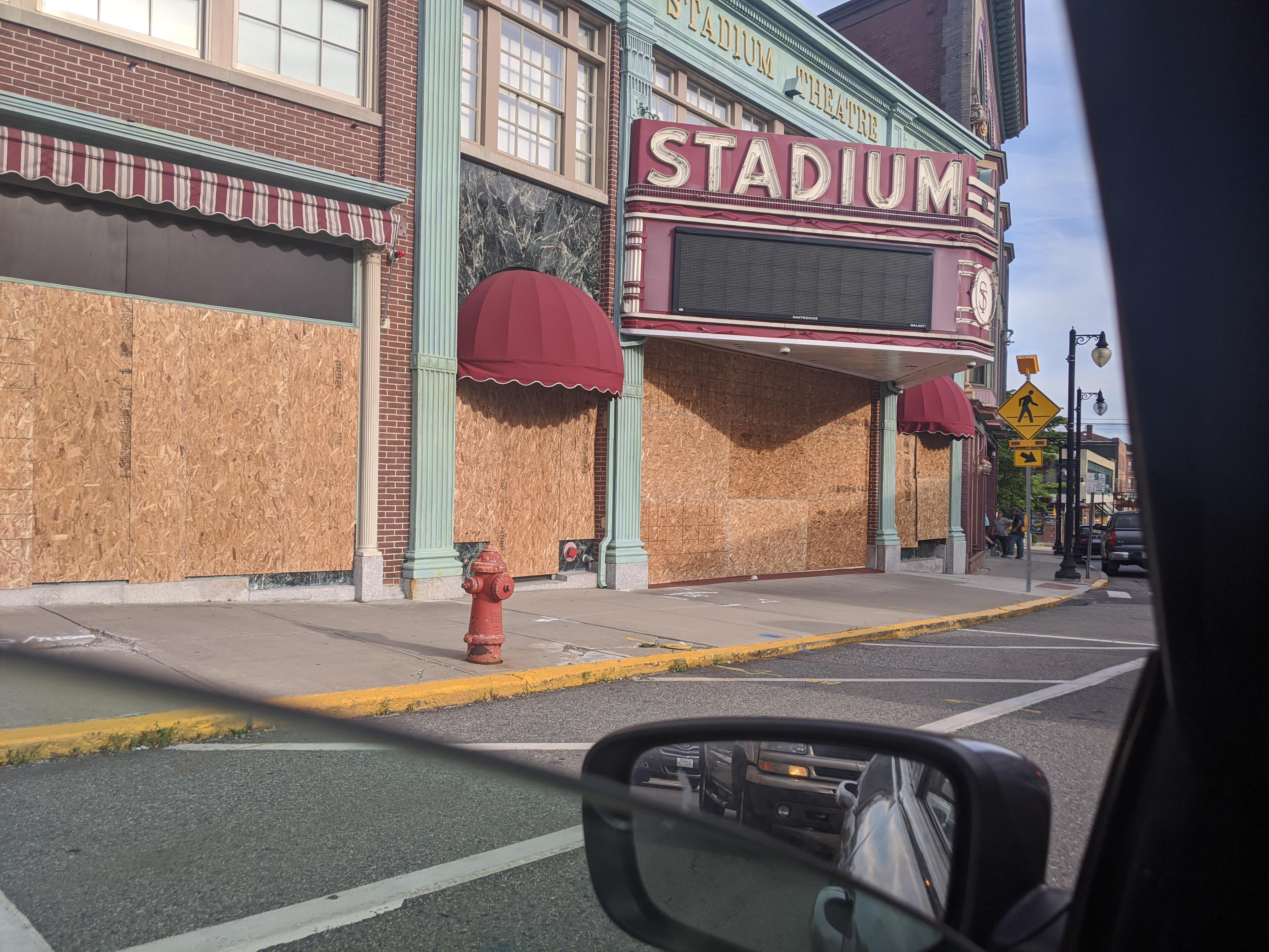 Stadium Theatre boarded up along with pretty much every other building