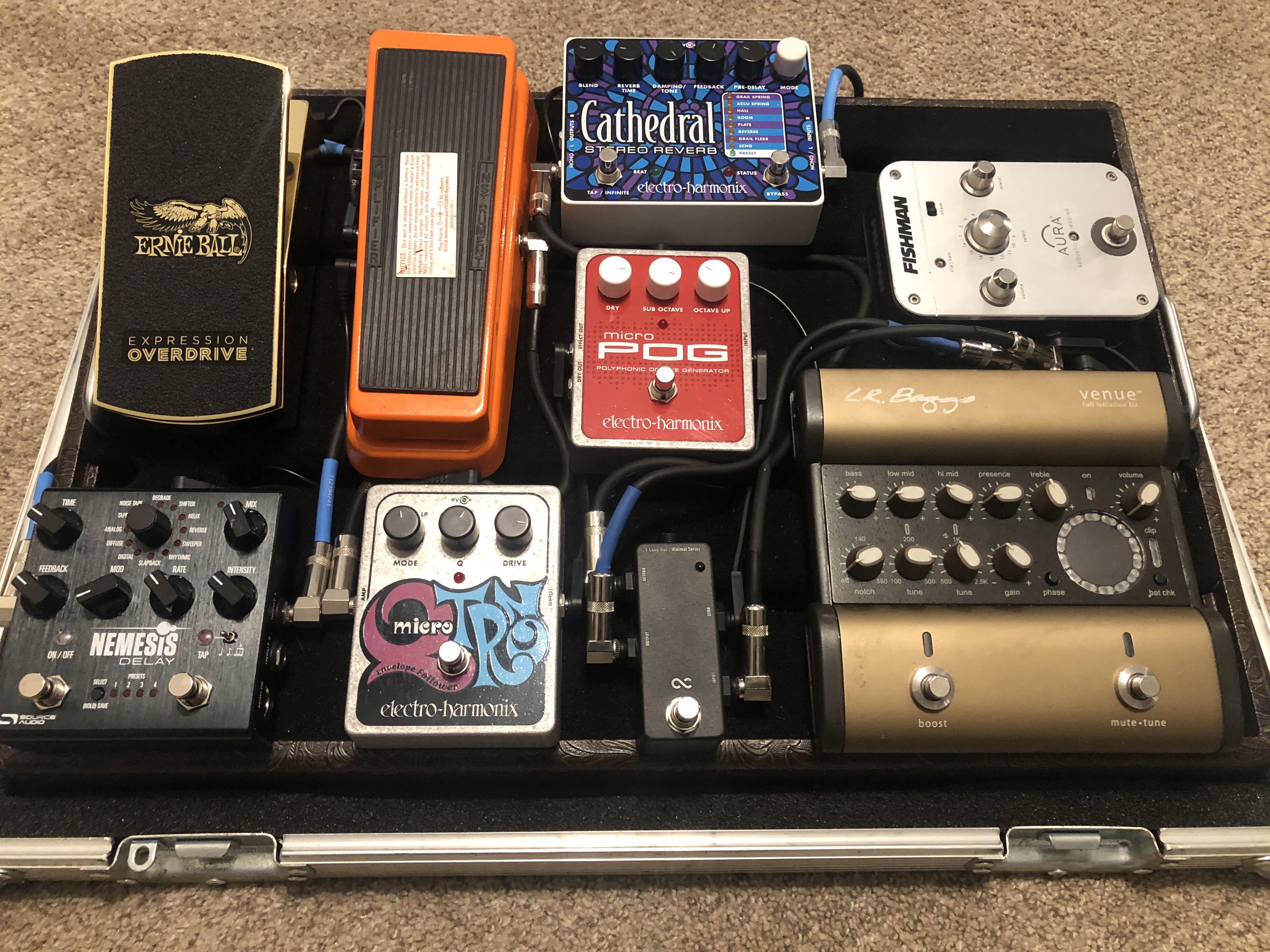 I play in a newgrass/jam band and here is the pedalboard I use for my acoustic guitar! r