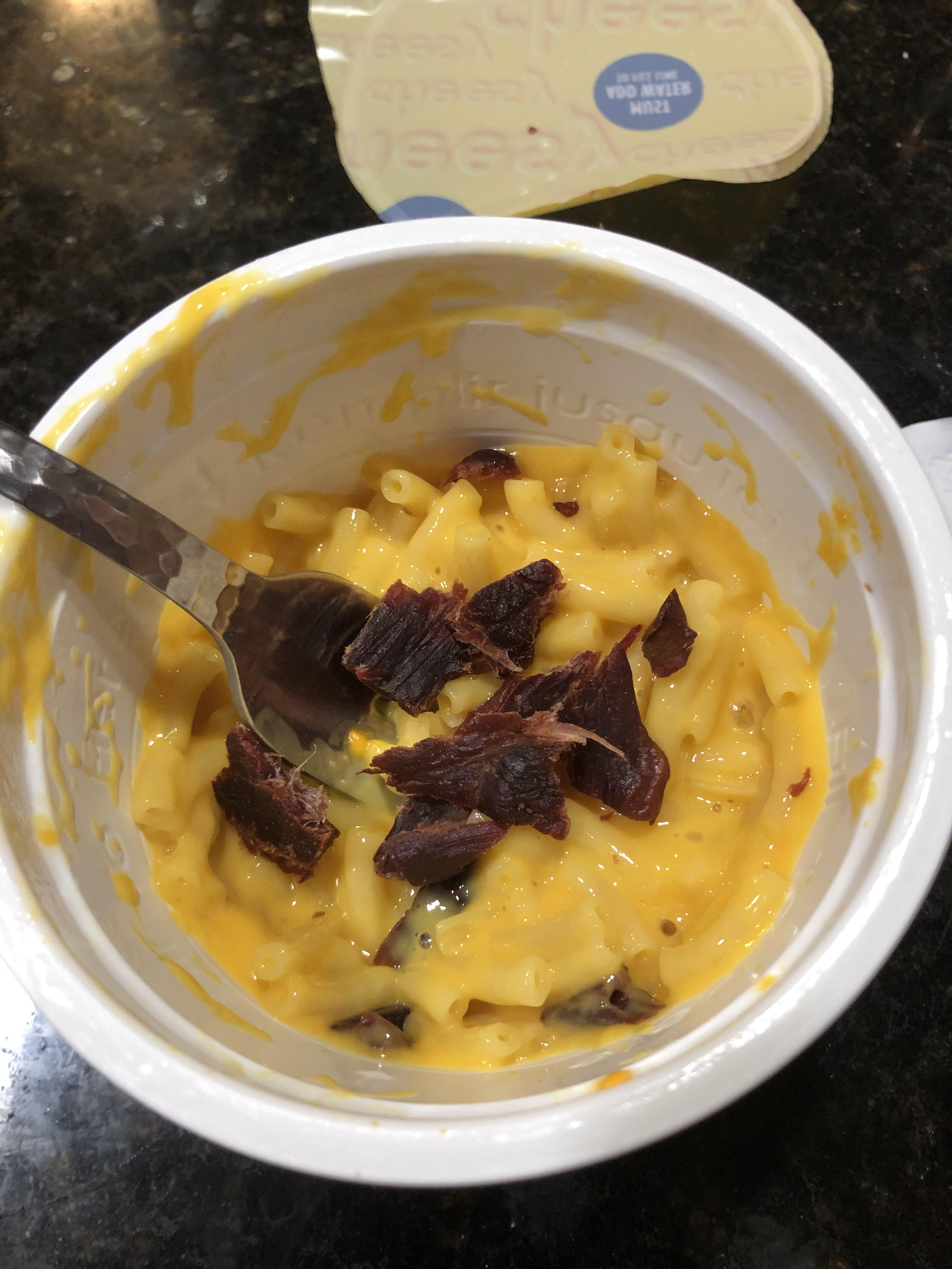 I’m 5 and this is my Mac n Cheese cup with Teriyaki Beef Jerky r