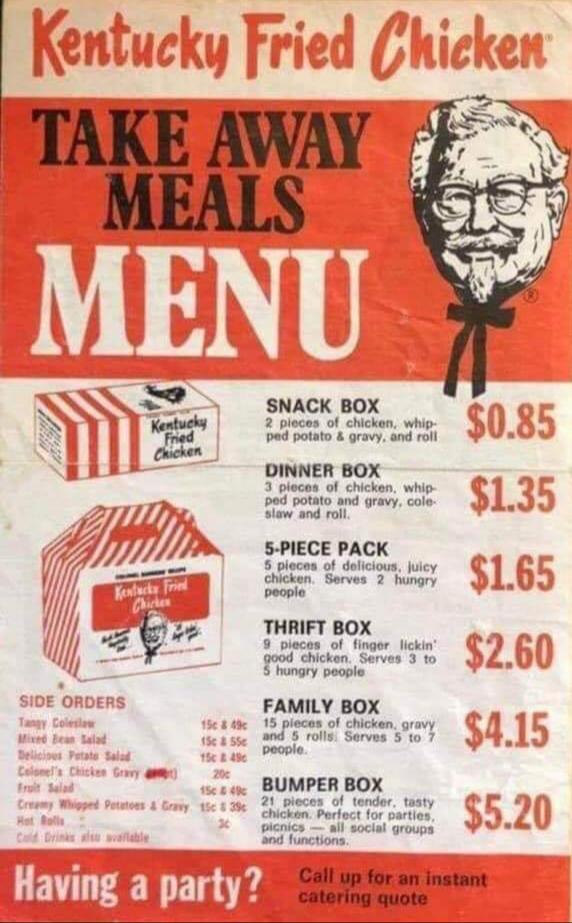 Kentucky Fried Chicken Take Away Meals menu flier (1971) r/vintageads