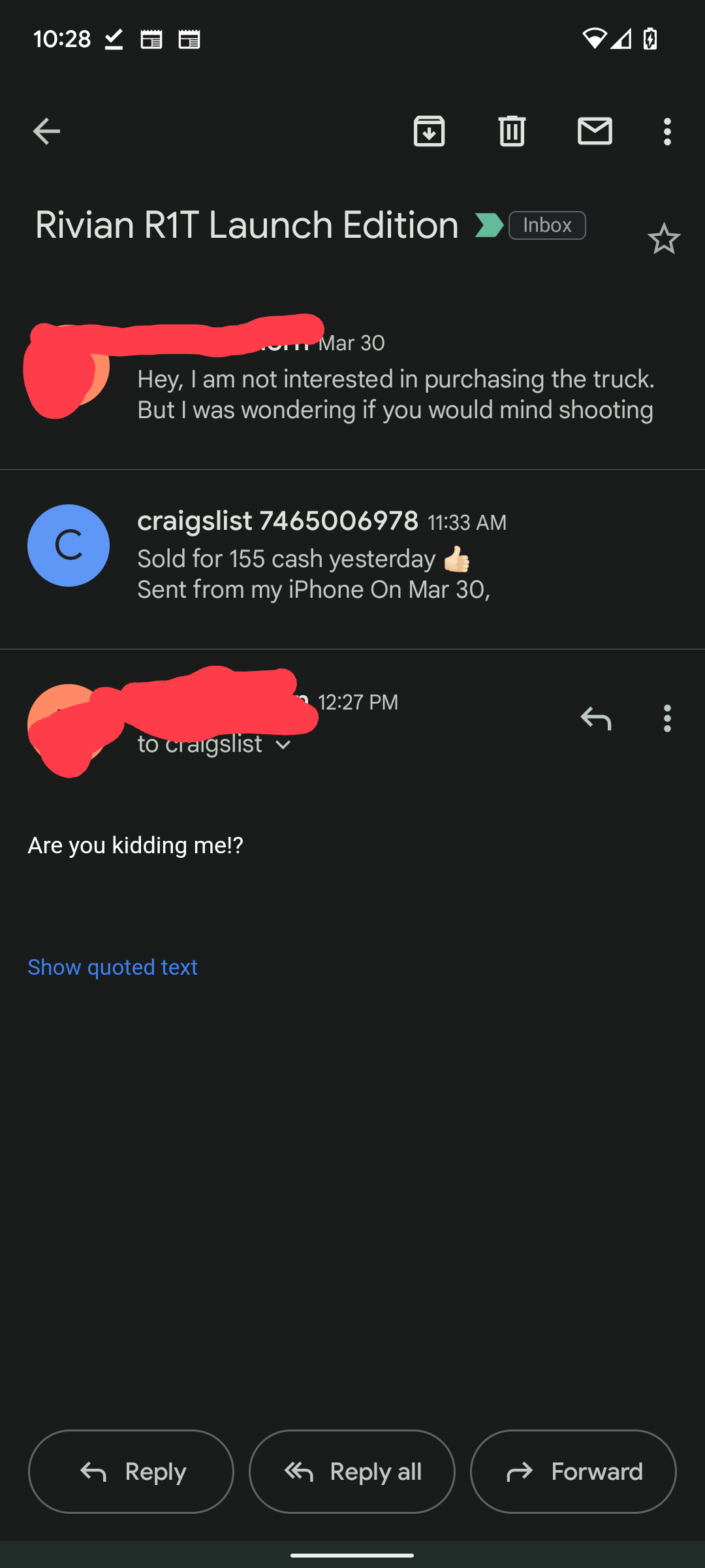 Craigslist Spokane Rivian guy said he sold it for 155,000... r/Rivian